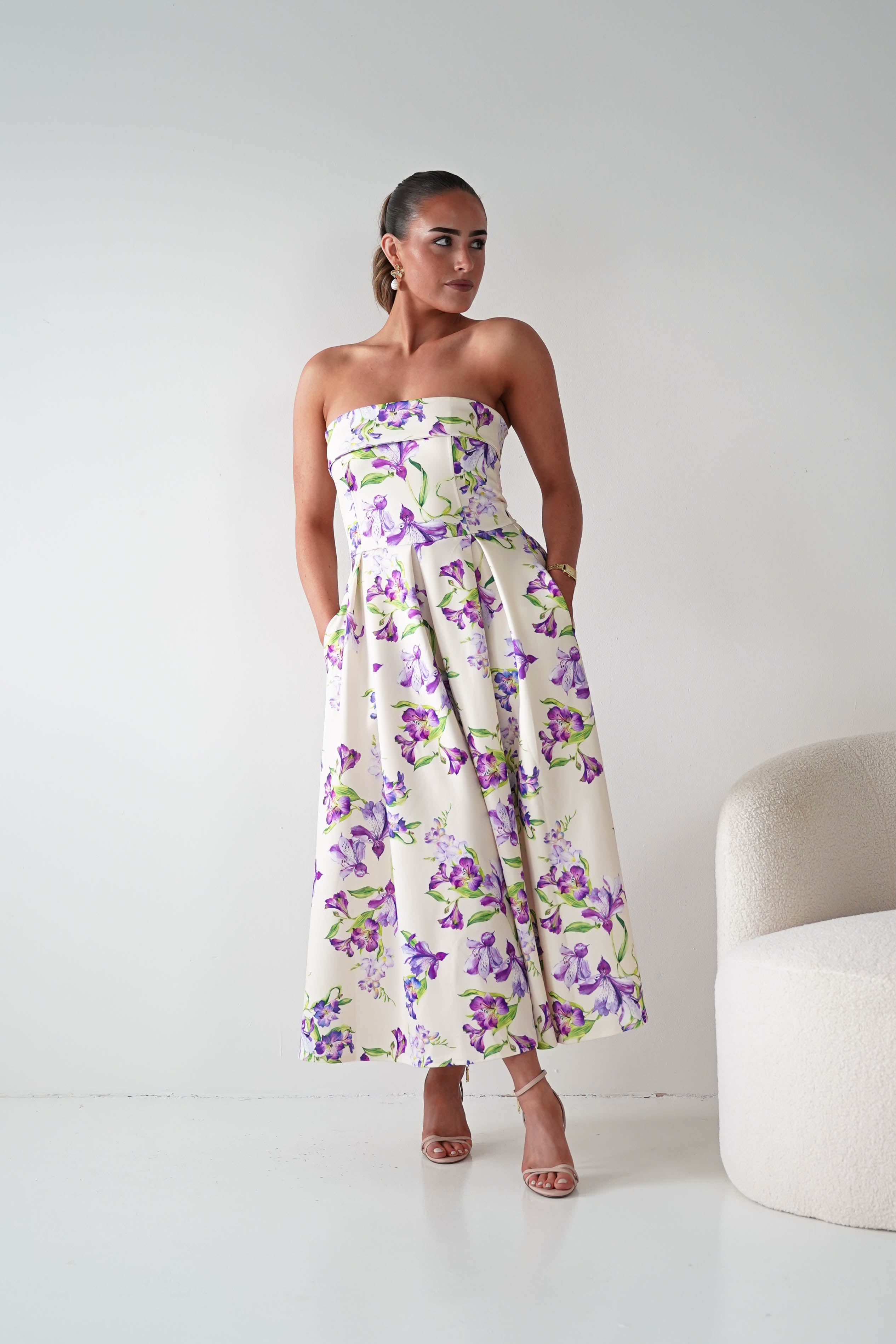 Oh Hello Clothing Women > Clothing > Dresses 1*DONE -S18893- DANNI STRAPLESS MIDI DRESS FLROAL -YELLOW (Copy)