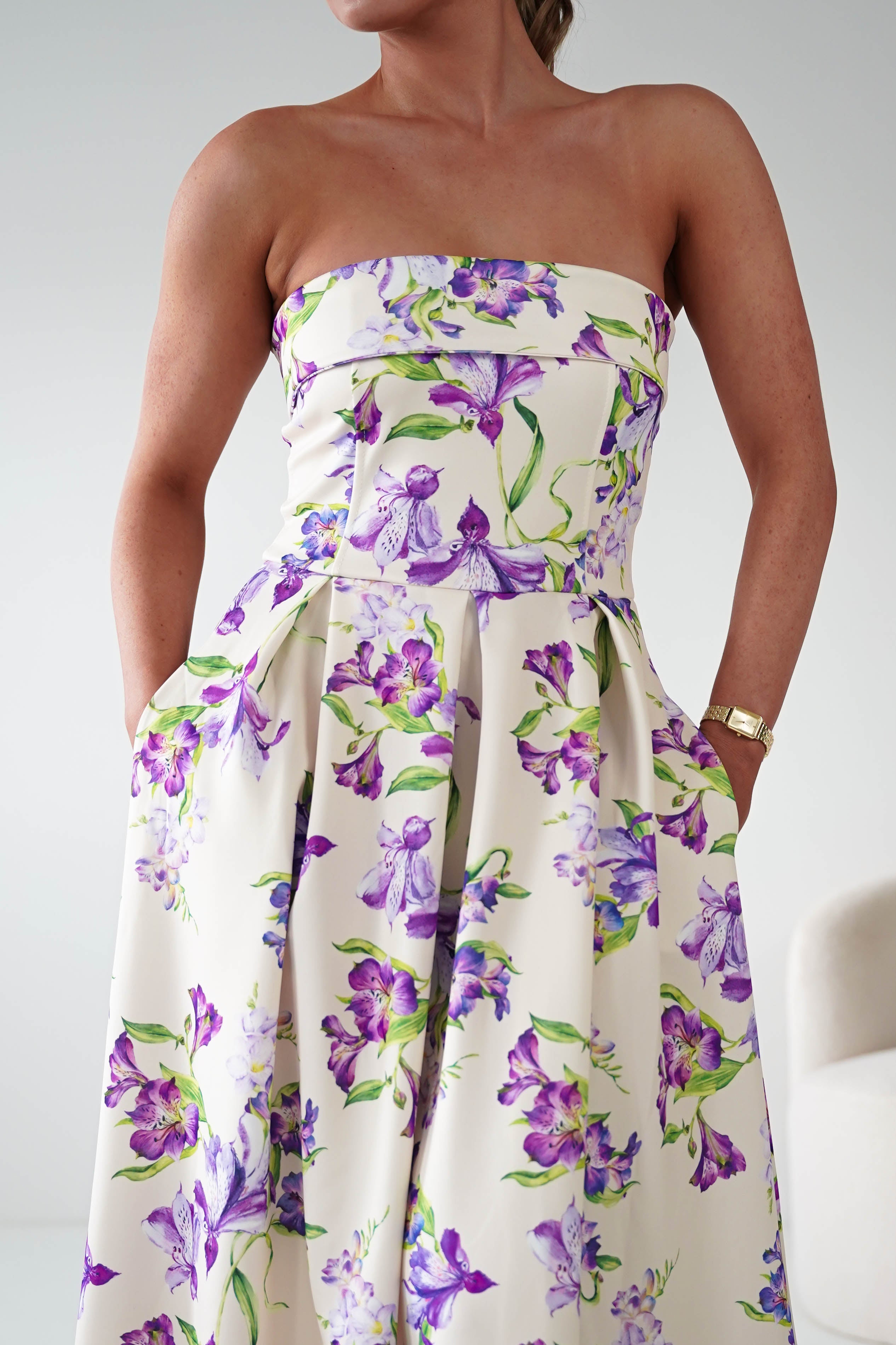 Oh Hello Clothing Women > Clothing > Dresses 1*DONE -S18893- DANNI STRAPLESS MIDI DRESS FLROAL -YELLOW (Copy)