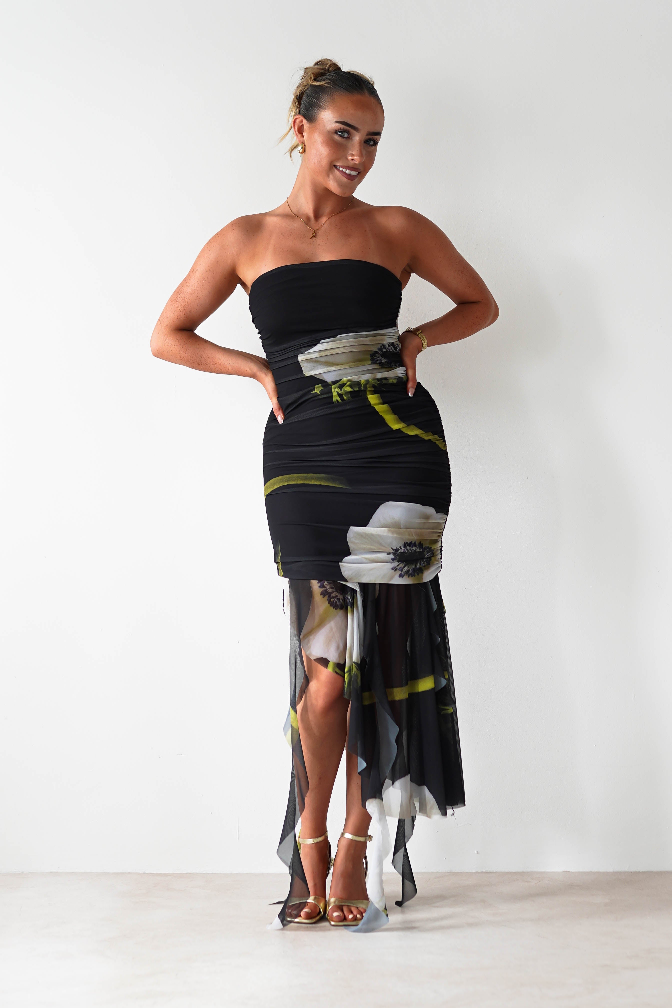 Kristie Strapless Mesh Midi Dress | Black | Oh Hello Clothing | S (8)