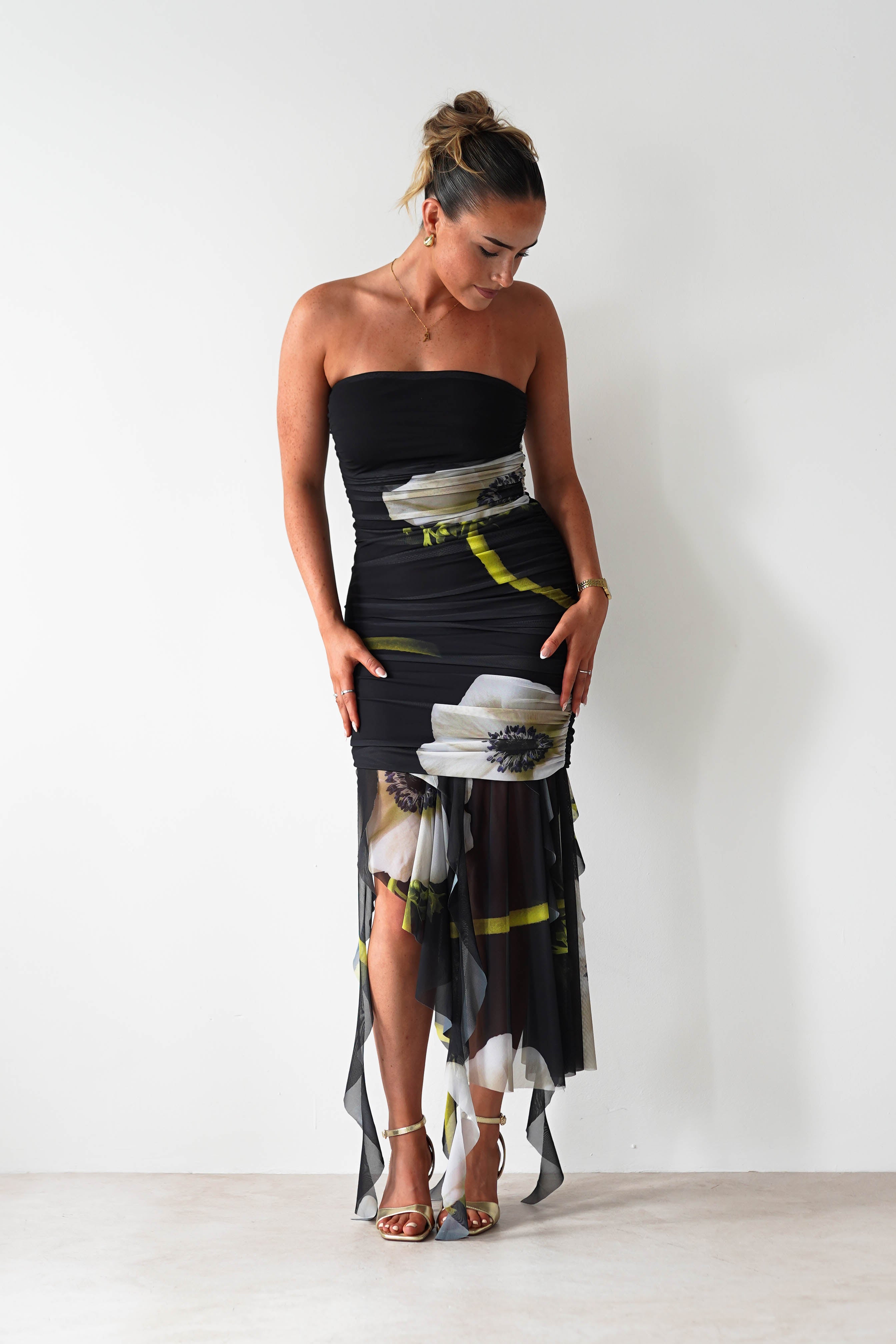 Kristie Strapless Mesh Midi Dress | Black | Oh Hello Clothing | S (8)