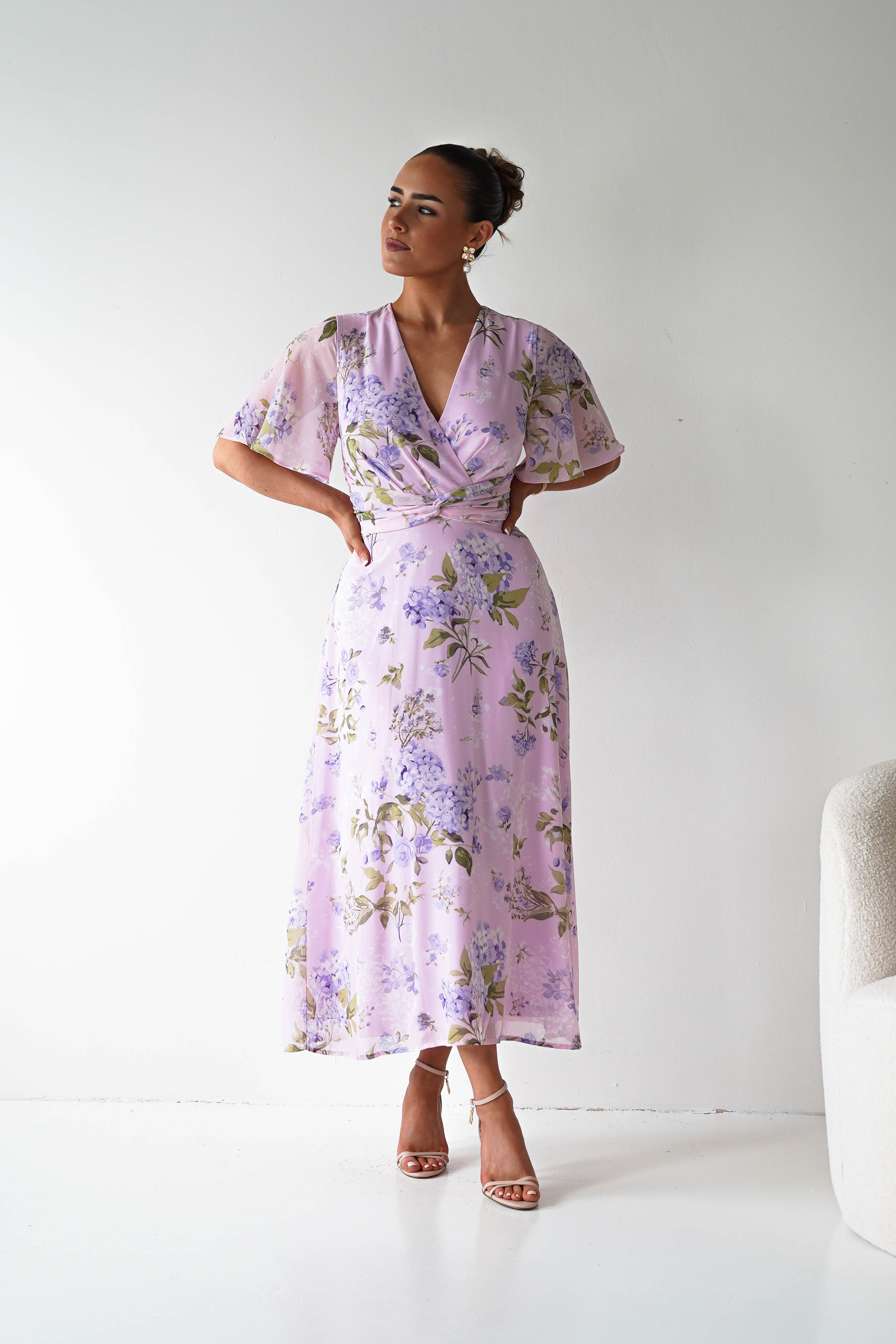 Oh Hello Clothing Women > Clothing > Dresses 1*DONE-SAMPLE Lilac Floral Draped Midi Dress