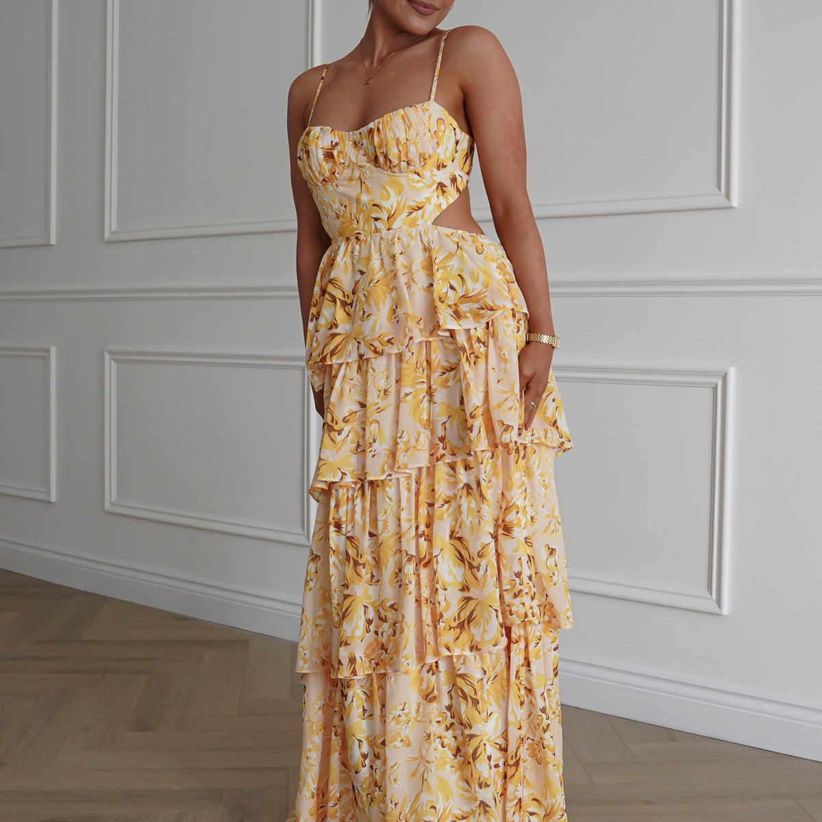 yellow floral bridesmaid dress Wedding Guest | Rebecca Tiered Maxi | Black Floral Mock Neck feminine vibe. LAUNCH25/08/26 Size:L/10-12