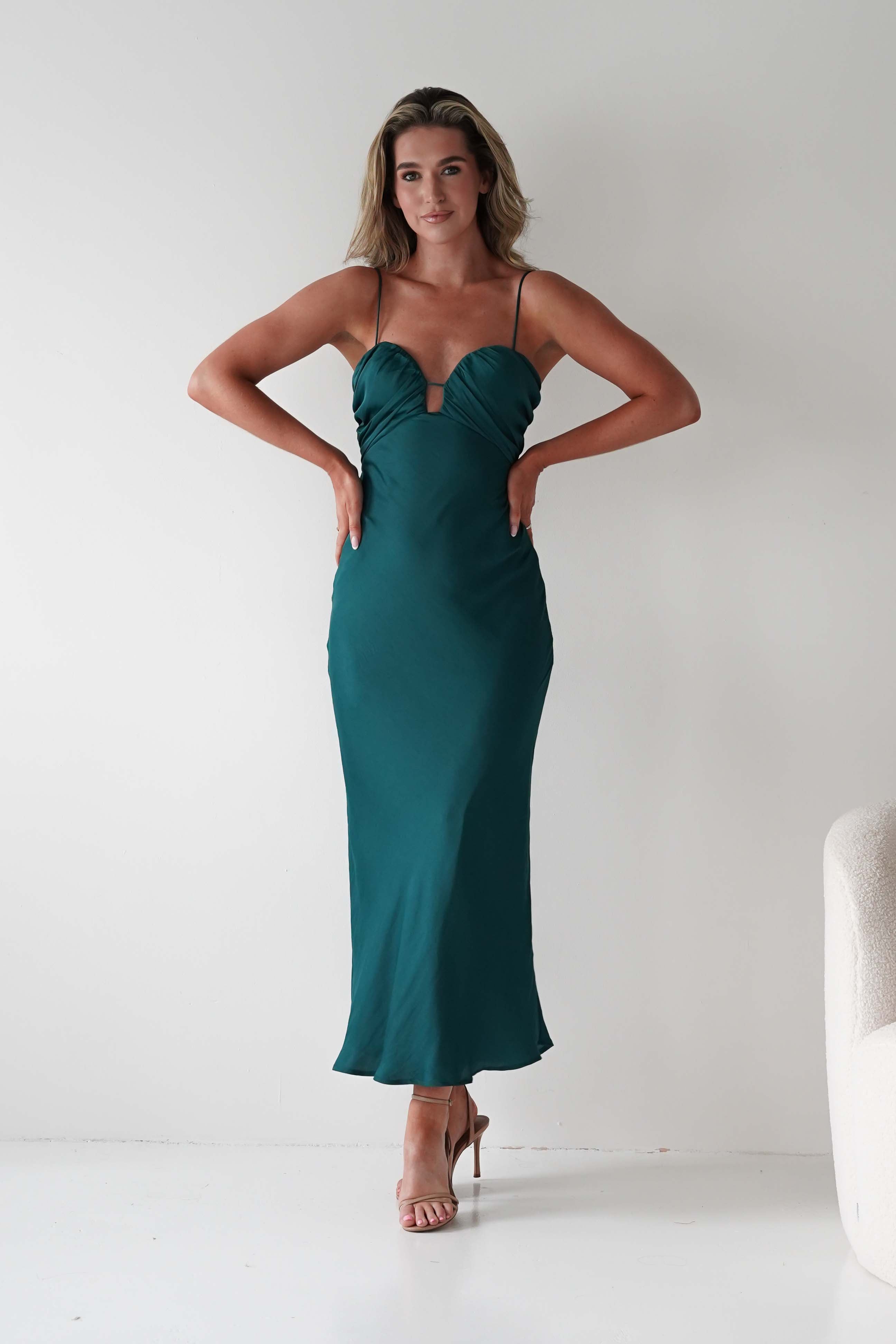 FACTORY 1*DONE-SASHA-64363B01- DARK GREEN MAXI DRESS WITH STRAPS