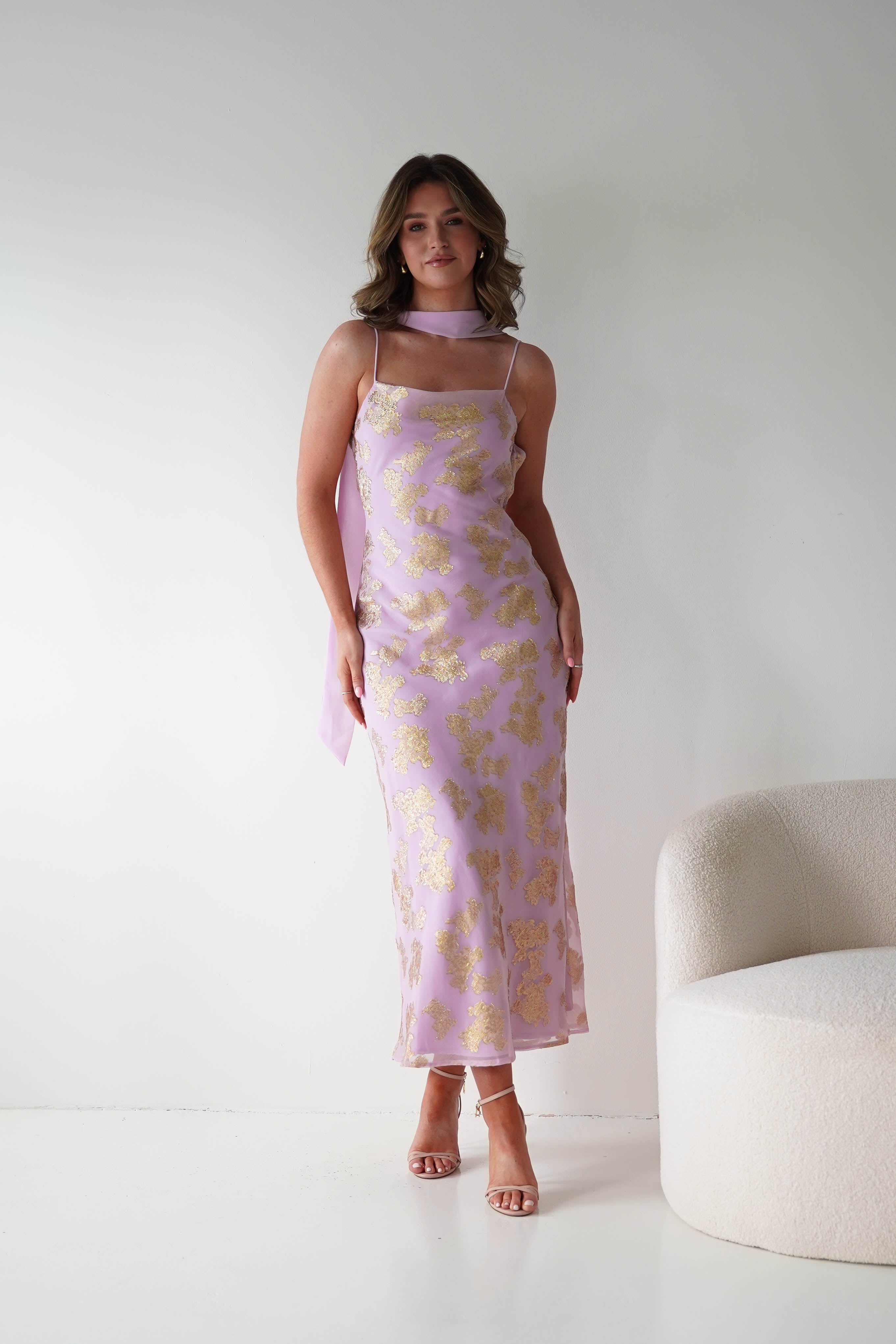 Oh Hello Clothing Women > Clothing > Dresses 1*DONE -SASHA-64623D11-Pink & Gold Maxi Dress with Matching Scarf