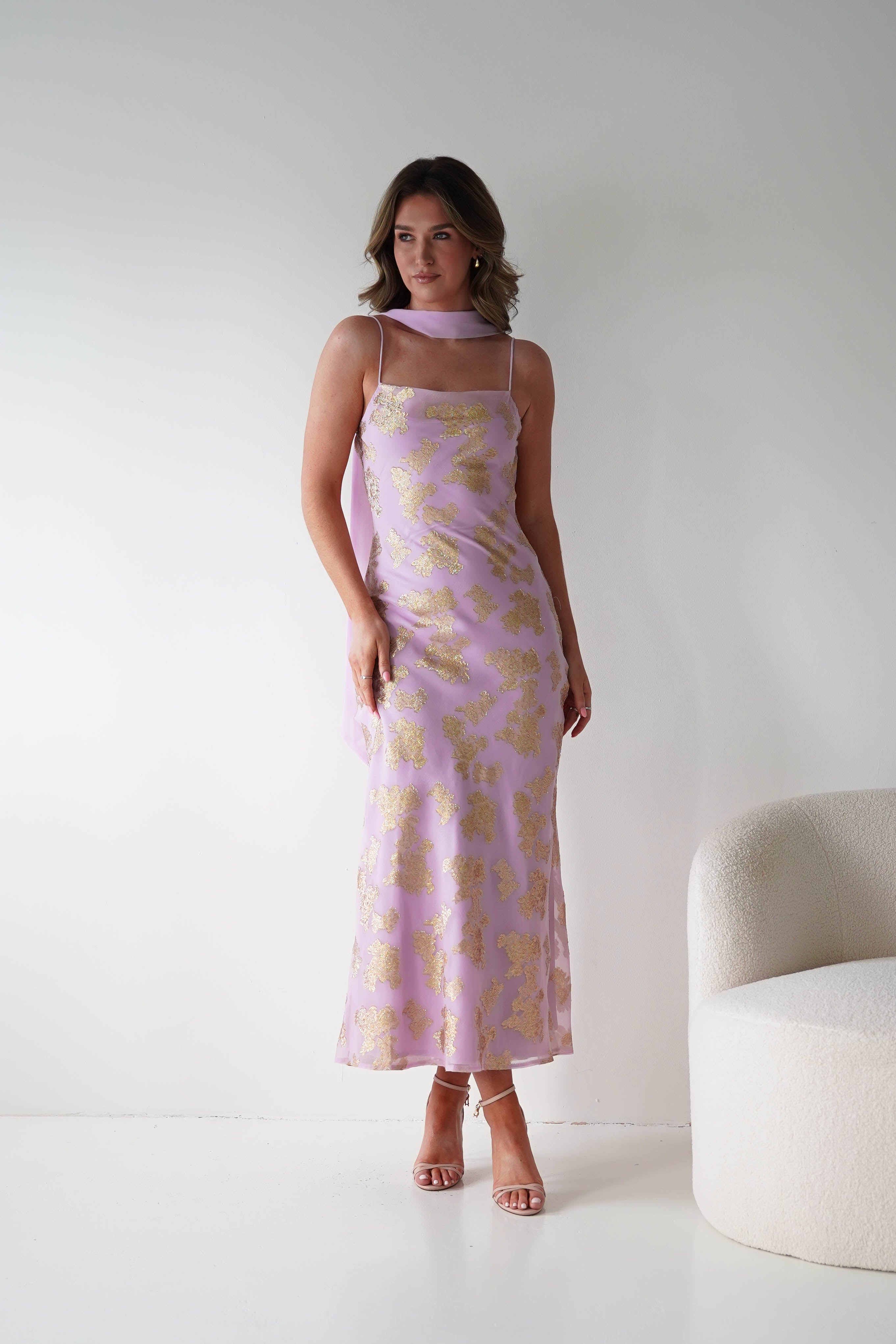Oh Hello Clothing Women > Clothing > Dresses 1*DONE -SASHA-64623D11-Pink & Gold Maxi Dress with Matching Scarf