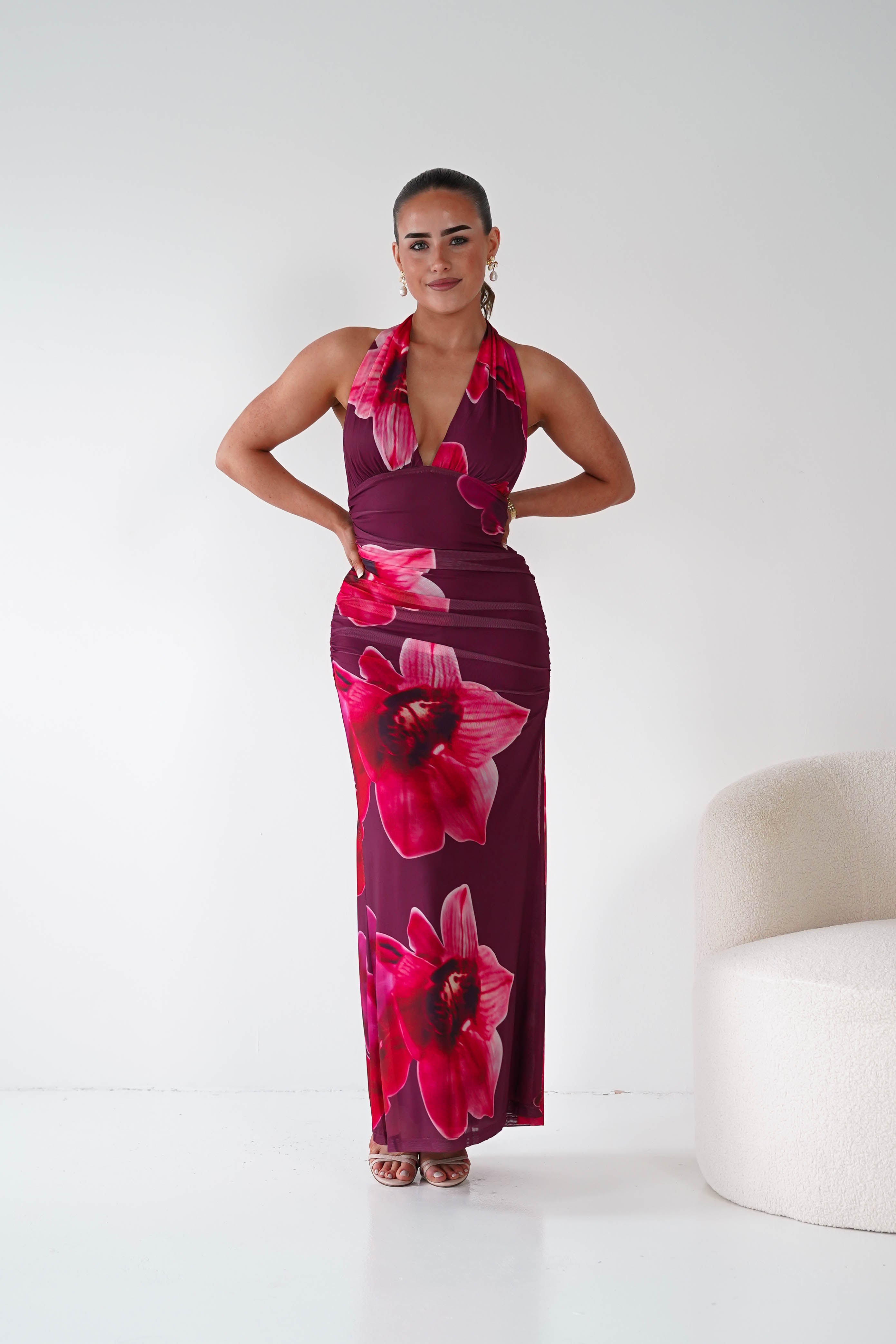 Oh Hello Clothing Women > Clothing > Dresses 1*DONE -SASHA-64836J02-Fuchsia Floral Tie-Back Ruched Maxi Dress