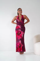 Oh Hello Clothing Women > Clothing > Dresses 1*DONE -SASHA-64836J02-Fuchsia Floral Tie-Back Ruched Maxi Dress