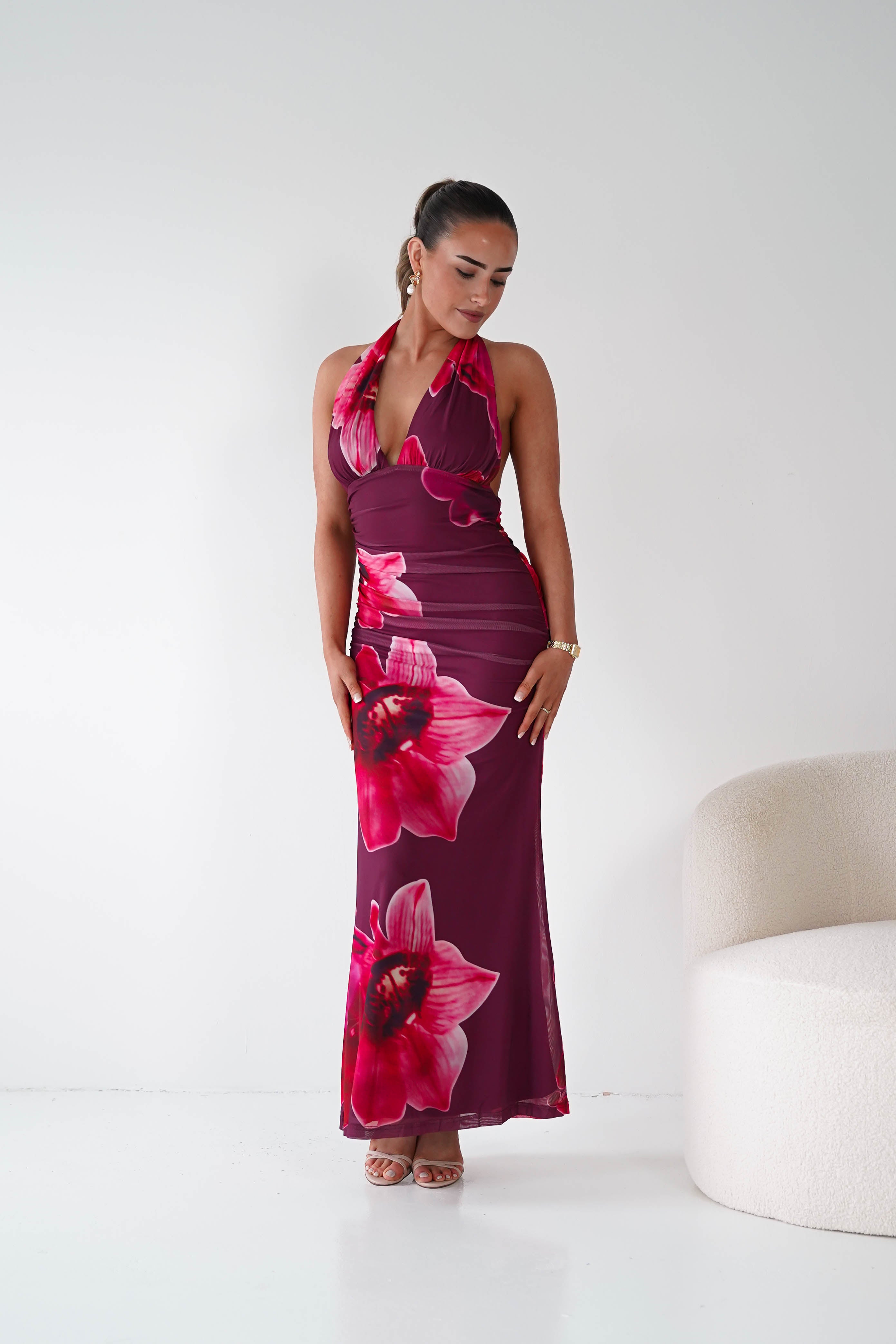 Oh Hello Clothing Women > Clothing > Dresses 1*DONE -SASHA-64836J02-Fuchsia Floral Tie-Back Ruched Maxi Dress