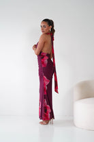 Oh Hello Clothing Women > Clothing > Dresses 1*DONE -SASHA-64836J02-Fuchsia Floral Tie-Back Ruched Maxi Dress