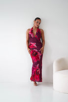 Oh Hello Clothing Women > Clothing > Dresses 1*DONE -SASHA-64836J02-Fuchsia Floral Tie-Back Ruched Maxi Dress