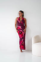 Oh Hello Clothing Women > Clothing > Dresses 1*DONE -SASHA-64836J02-Fuchsia Floral Tie-Back Ruched Maxi Dress