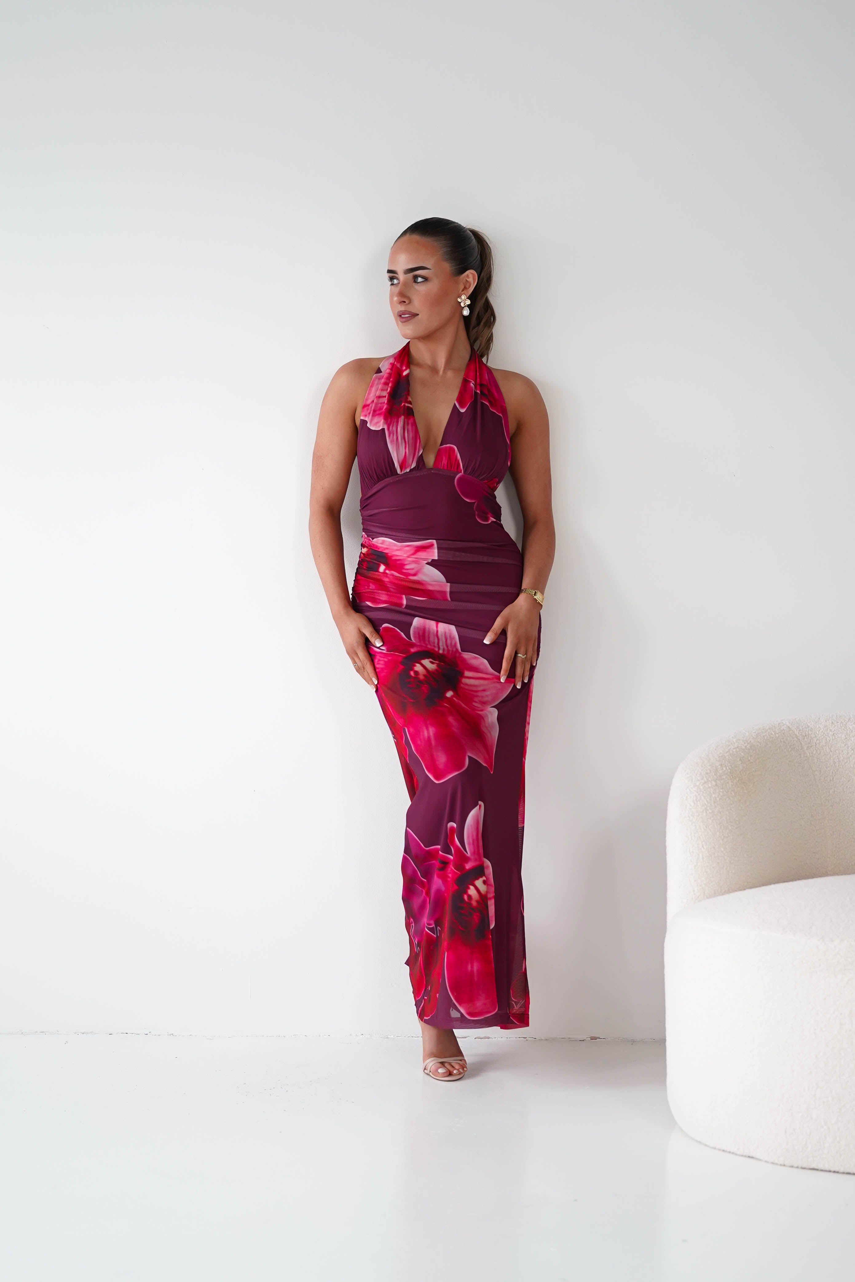 Oh Hello Clothing Women > Clothing > Dresses 1*DONE -SASHA-64836J02-Fuchsia Floral Tie-Back Ruched Maxi Dress