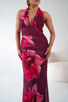 Oh Hello Clothing Women > Clothing > Dresses 1*DONE -SASHA-64836J02-Fuchsia Floral Tie-Back Ruched Maxi Dress
