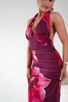 Oh Hello Clothing Women > Clothing > Dresses 1*DONE -SASHA-64836J02-Fuchsia Floral Tie-Back Ruched Maxi Dress