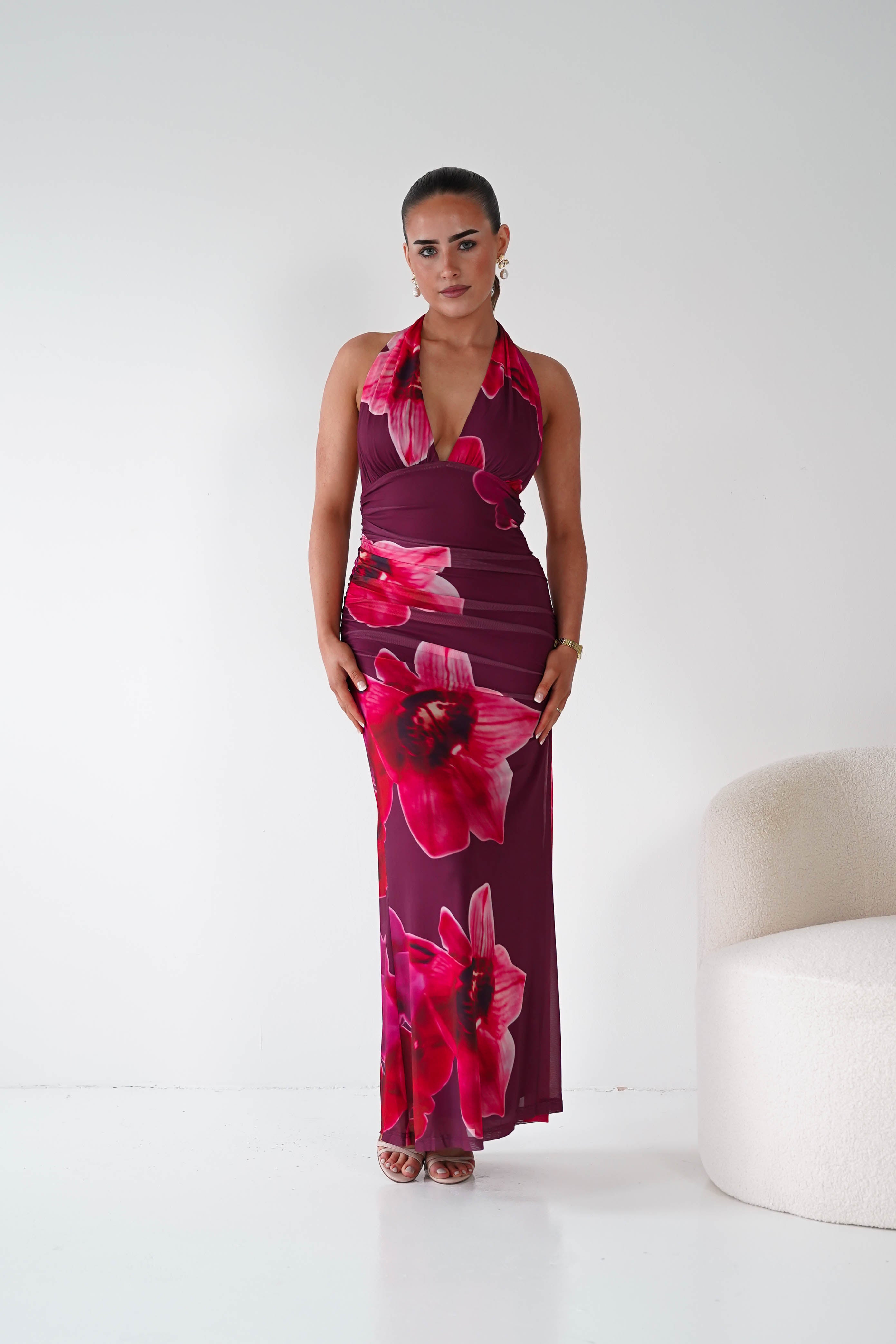 Oh Hello Clothing Women > Clothing > Dresses 1*DONE -SASHA-64836J02-Fuchsia Floral Tie-Back Ruched Maxi Dress