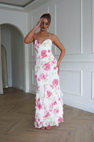 Oh Hello Clothing Dresses > Prom Dresses 1*DONE-SASHA-64930D01- WHITE/ Pink Floral Ruffle Hem Midi Dress