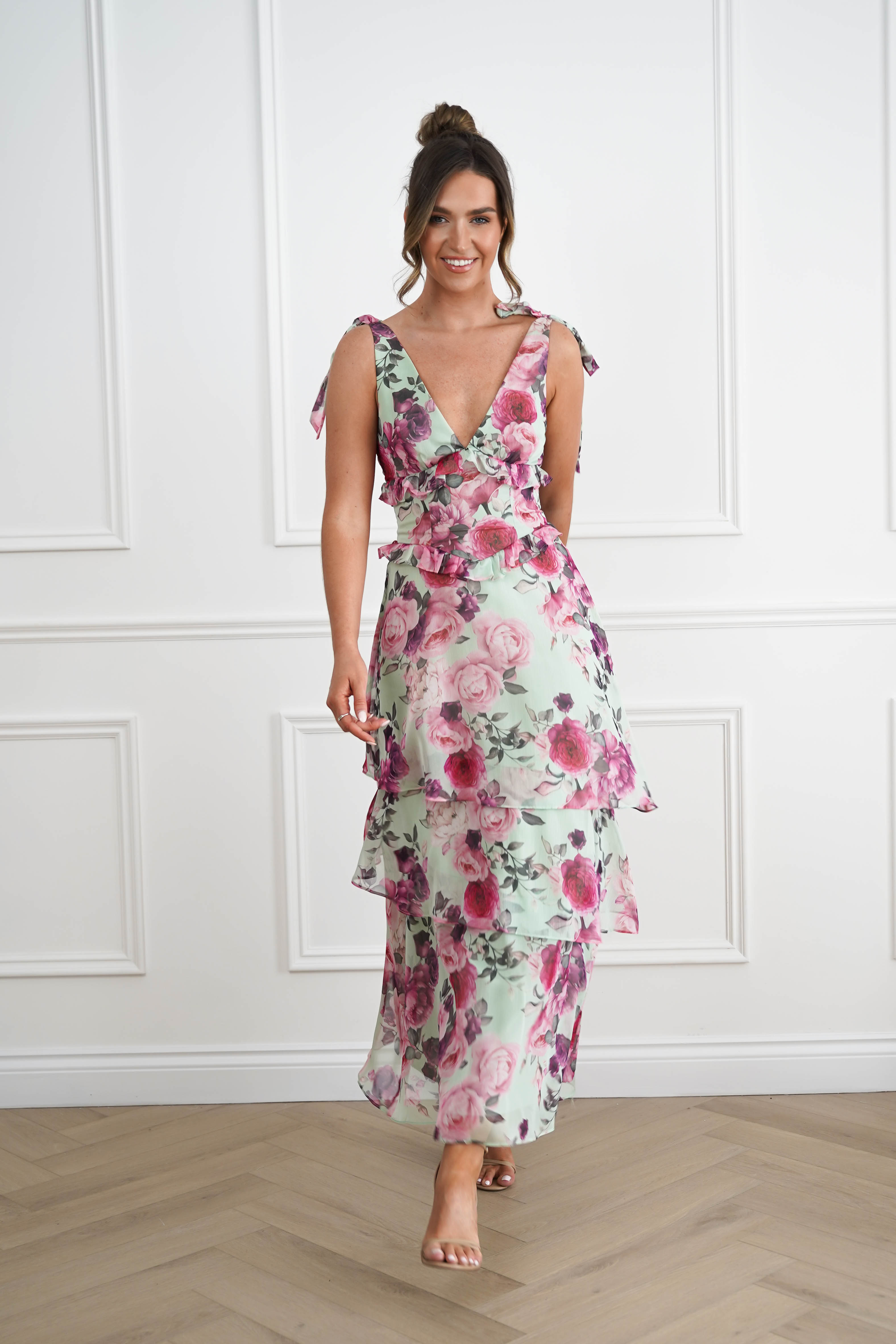 Oh Hello Clothing Women > Clothing > Dresses 1*DONE -SASHA-65023J01-SAGE AND FLORAL ROSE Print Tiered Maxi Dress