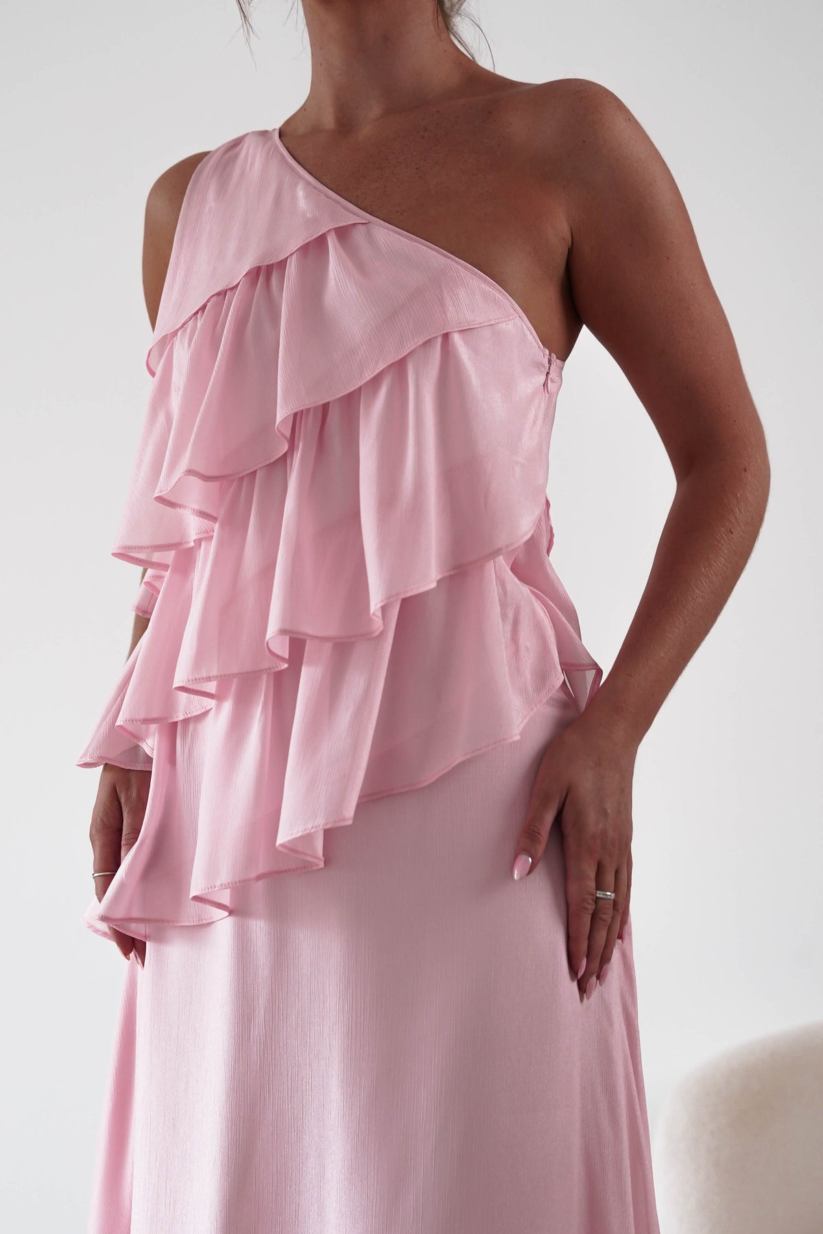 Oh Hello Clothing Women > Clothing > Dresses 1*DONE*SASHA-A65183D-Pink Asymmetric Ruffle Maxi Dress