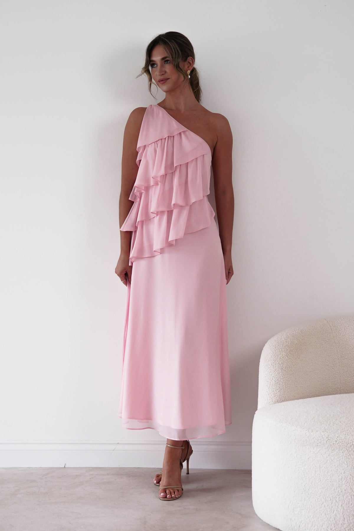 Oh Hello Clothing Women > Clothing > Dresses 1*DONE*SASHA-A65183D-Pink Asymmetric Ruffle Maxi Dress