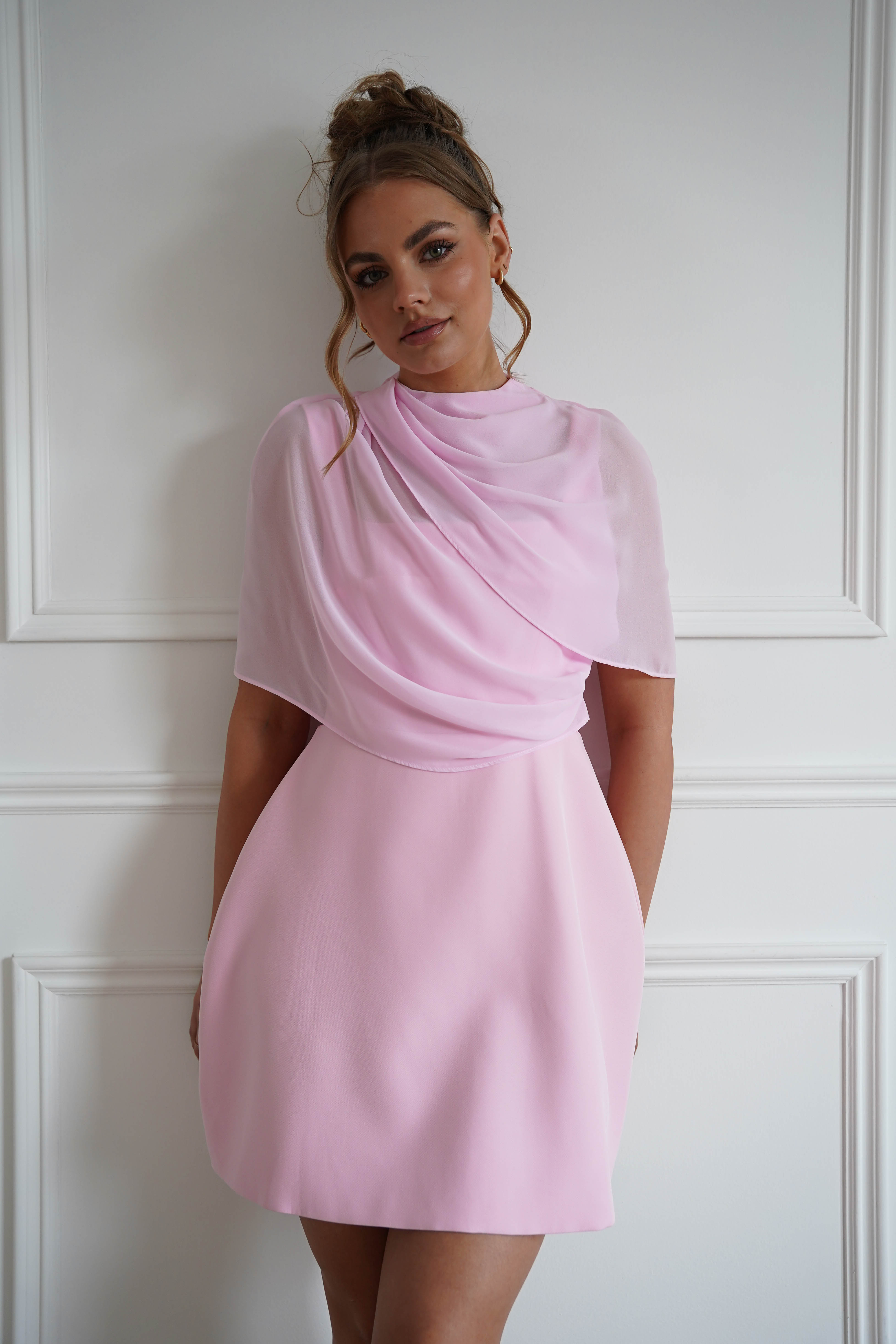 Oh Hello Clothing Women > Clothing > Dresses 1*Done- Sasha-KA0226J03- Pink mini dress with a sheer chiffon overlay