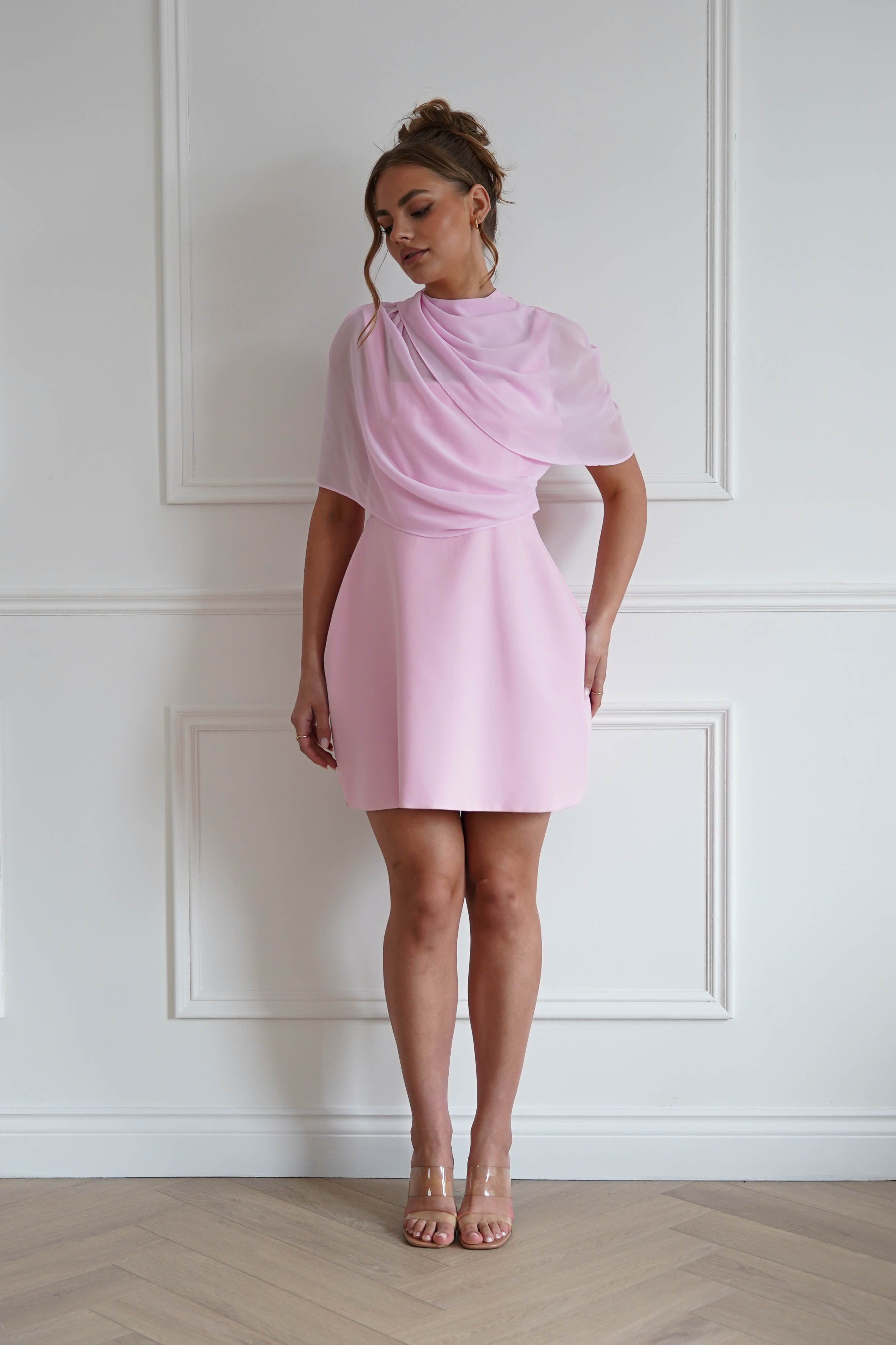 Oh Hello Clothing Women > Clothing > Dresses 1*Done- Sasha-KA0226J03- Pink mini dress with a sheer chiffon overlay