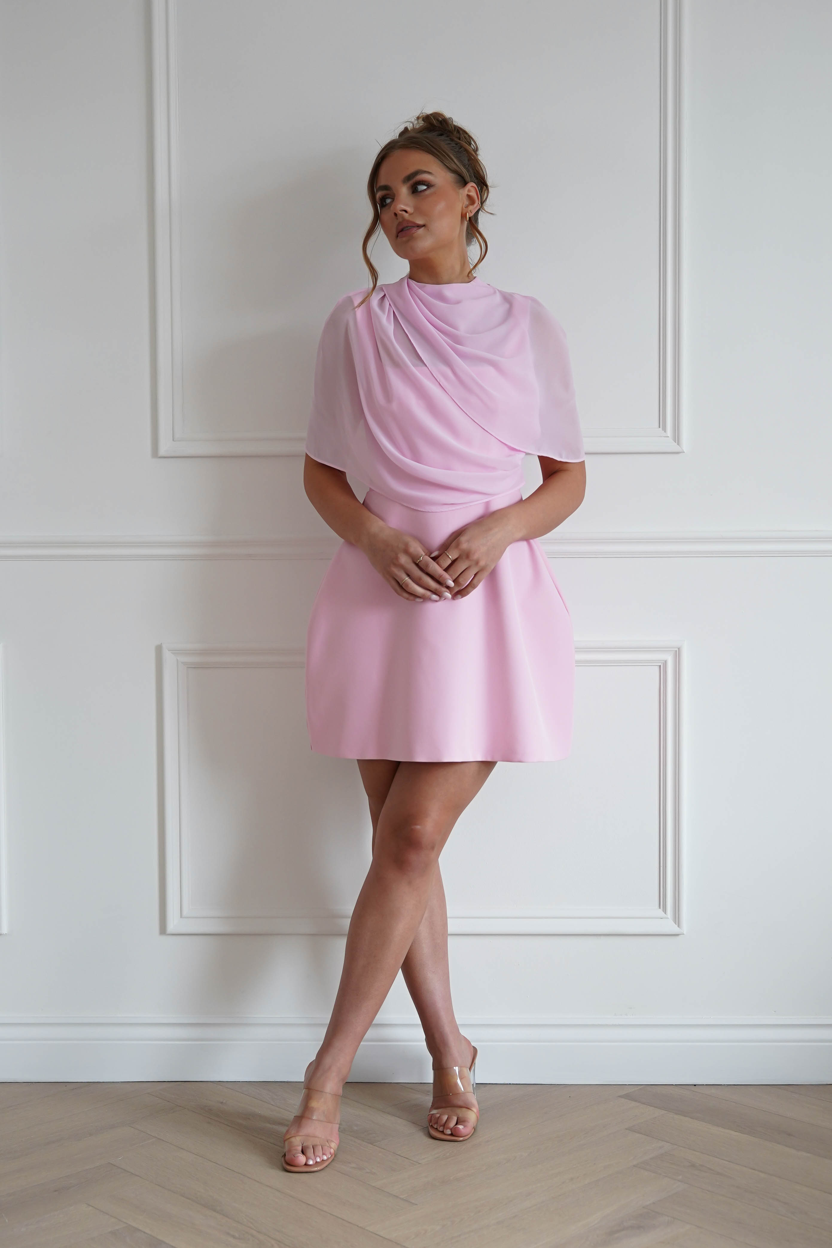 Oh Hello Clothing Women > Clothing > Dresses 1*Done- Sasha-KA0226J03- Pink mini dress with a sheer chiffon overlay