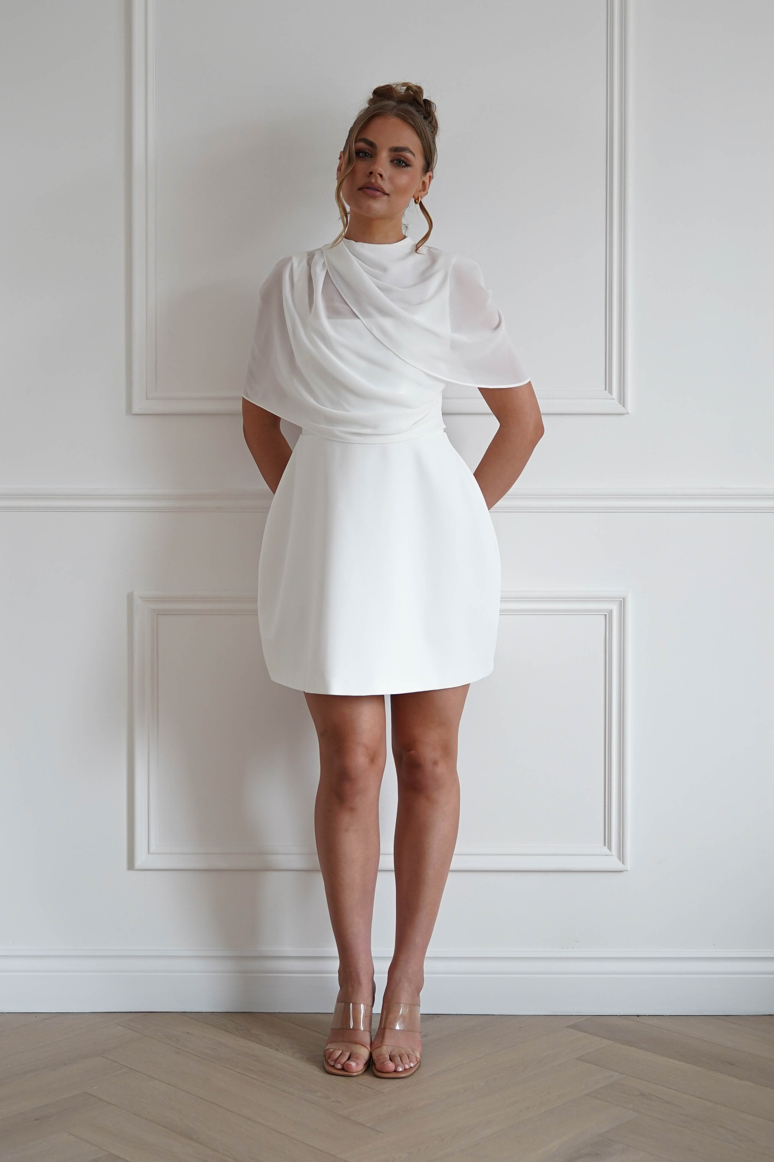 Millie Structured Chiffon Cape Mini Dress | White