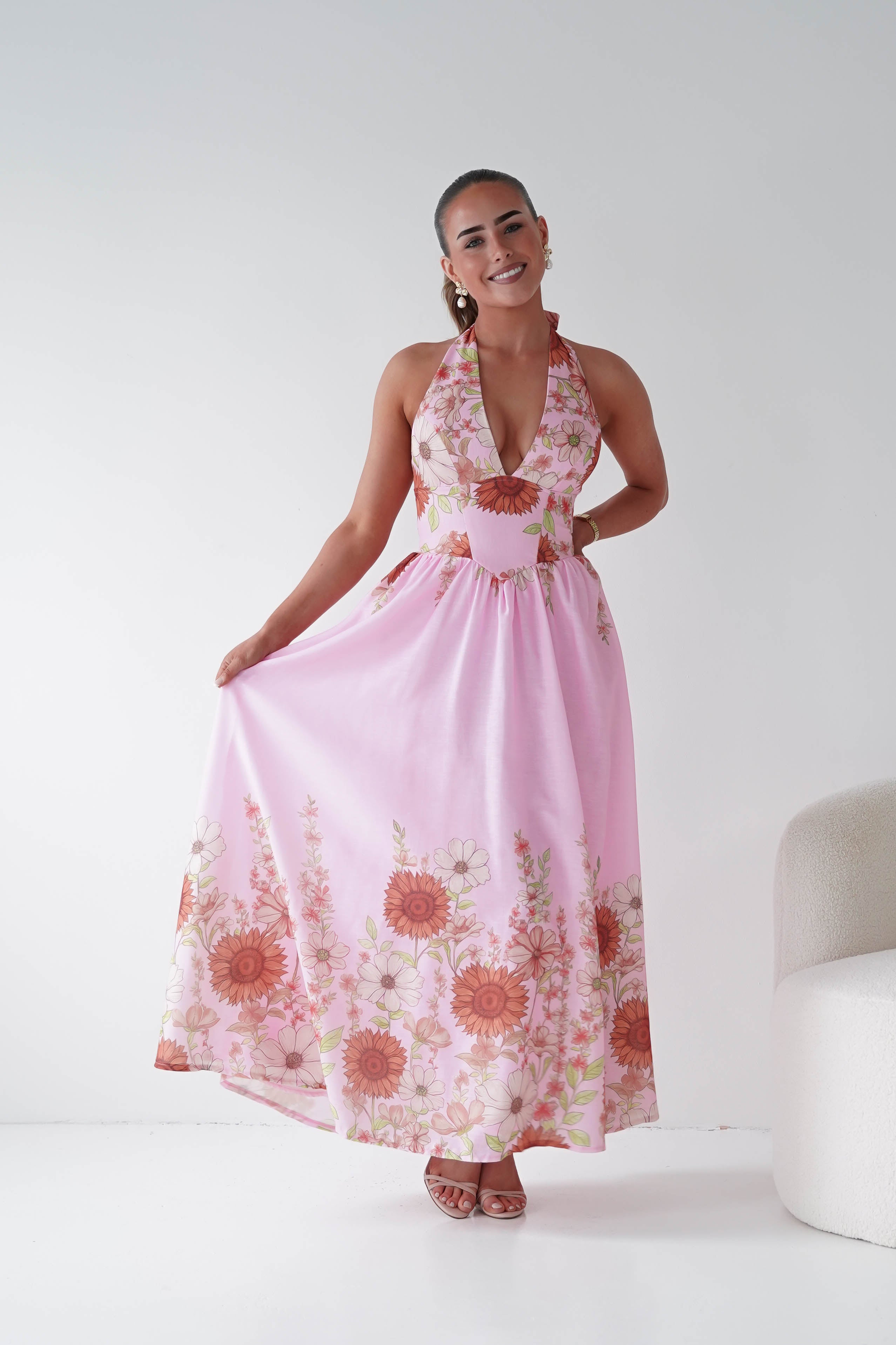Lucinda Floral Halternack Maxi Dress | Pink | Wedding Guest – Oh