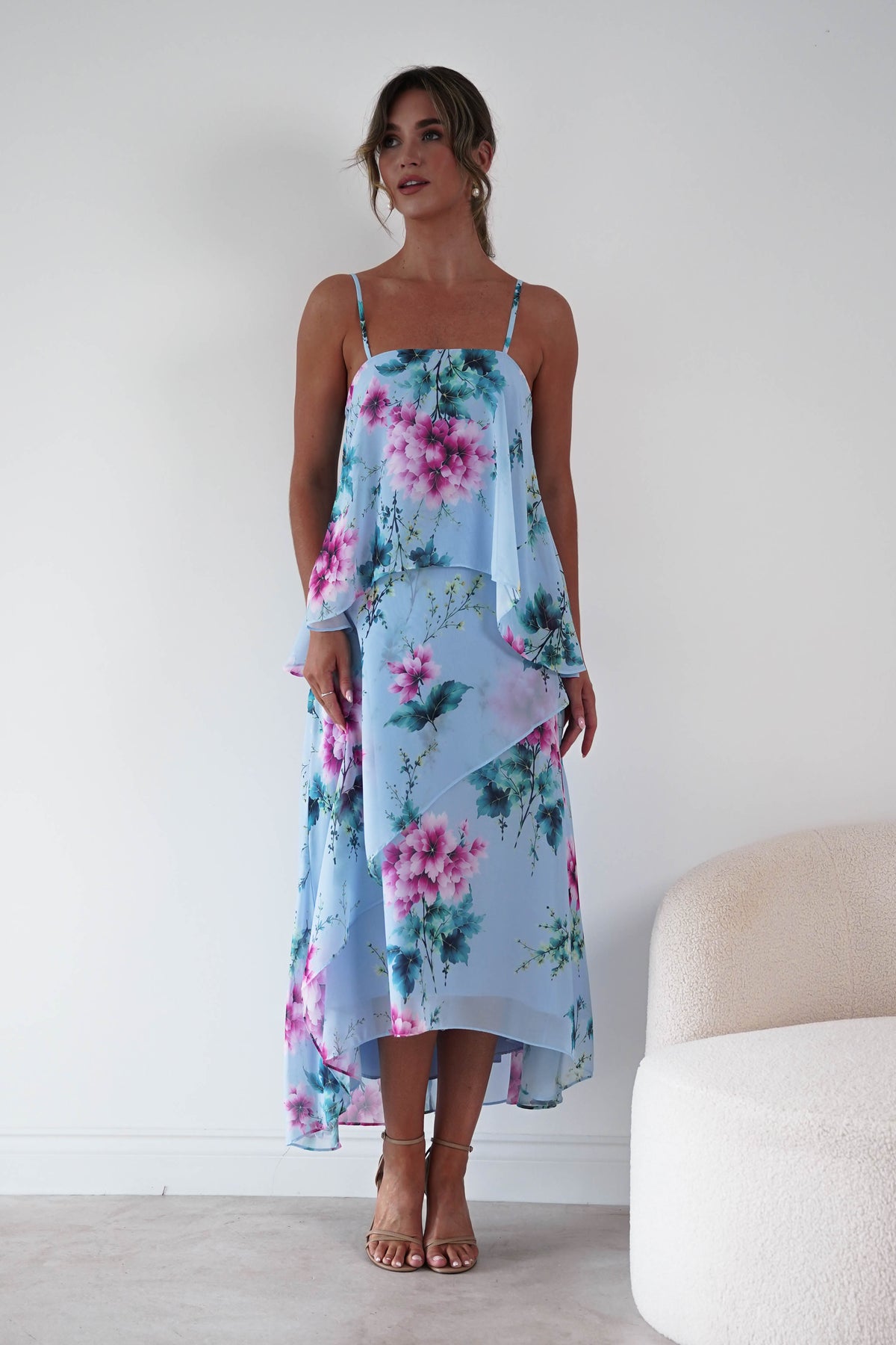 Oh Hello Clothing Women > Clothing > Dresses 1*DONE*SASHA-S65193F-Blue Floral Layered Chiffon Maxi Dress