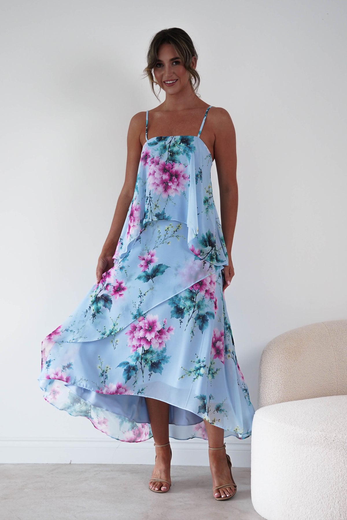 Oh Hello Clothing Women > Clothing > Dresses 1*DONE*SASHA-S65193F-Blue Floral Layered Chiffon Maxi Dress