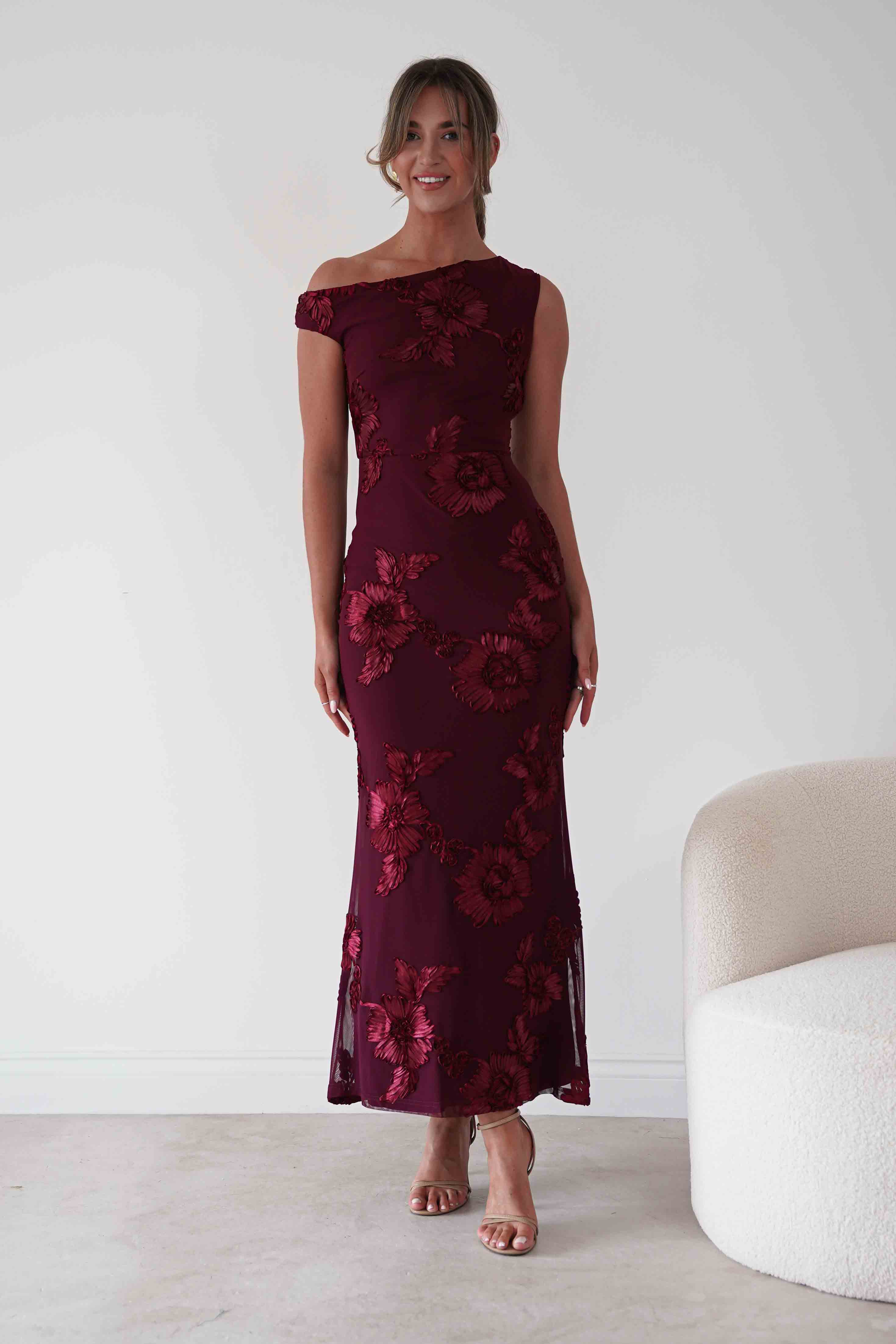 Oh Hello Clothing Women > Clothing > Dresses 1*DONE-SASHA-Wine Floral Appliqué Cowl Neck Maxi Dress