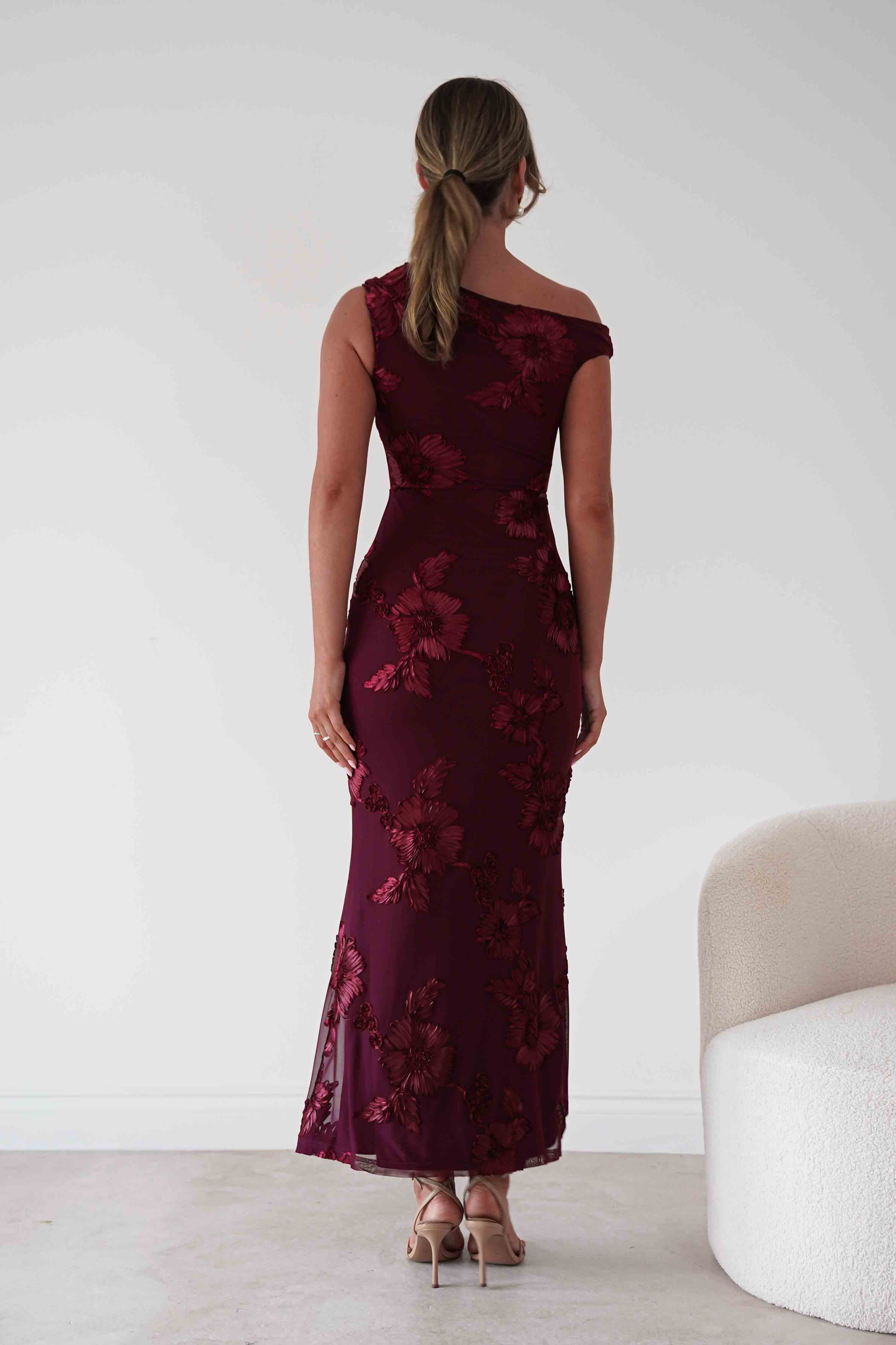Oh Hello Clothing Women > Clothing > Dresses 1*DONE-SASHA-Wine Floral Appliqué Cowl Neck Maxi Dress