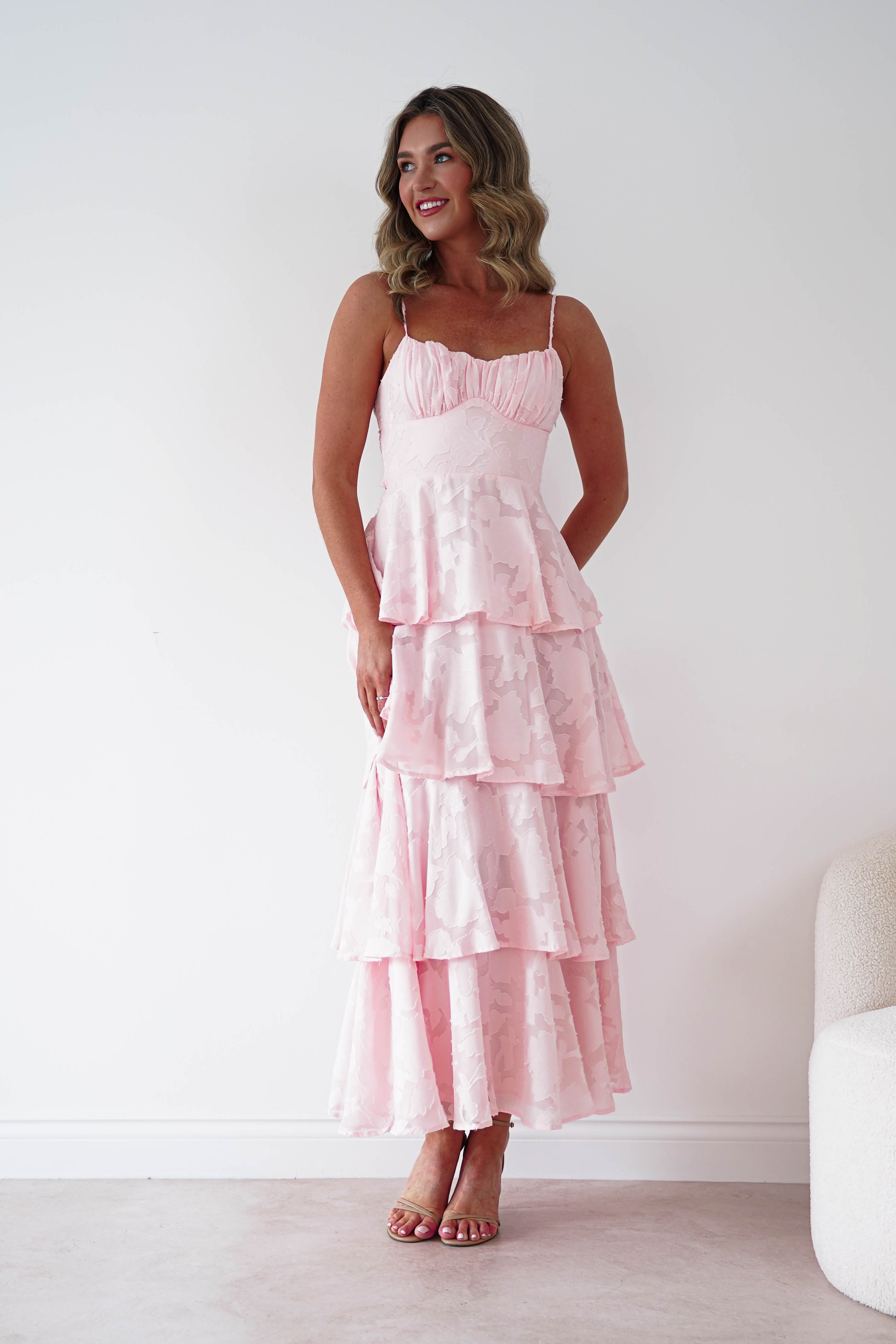Oh Hello Clothing Women > Clothing > Dresses 1*DONE-SHAREEN COLLECTION-Blush Floral Jacquard Tiered Midi Dress