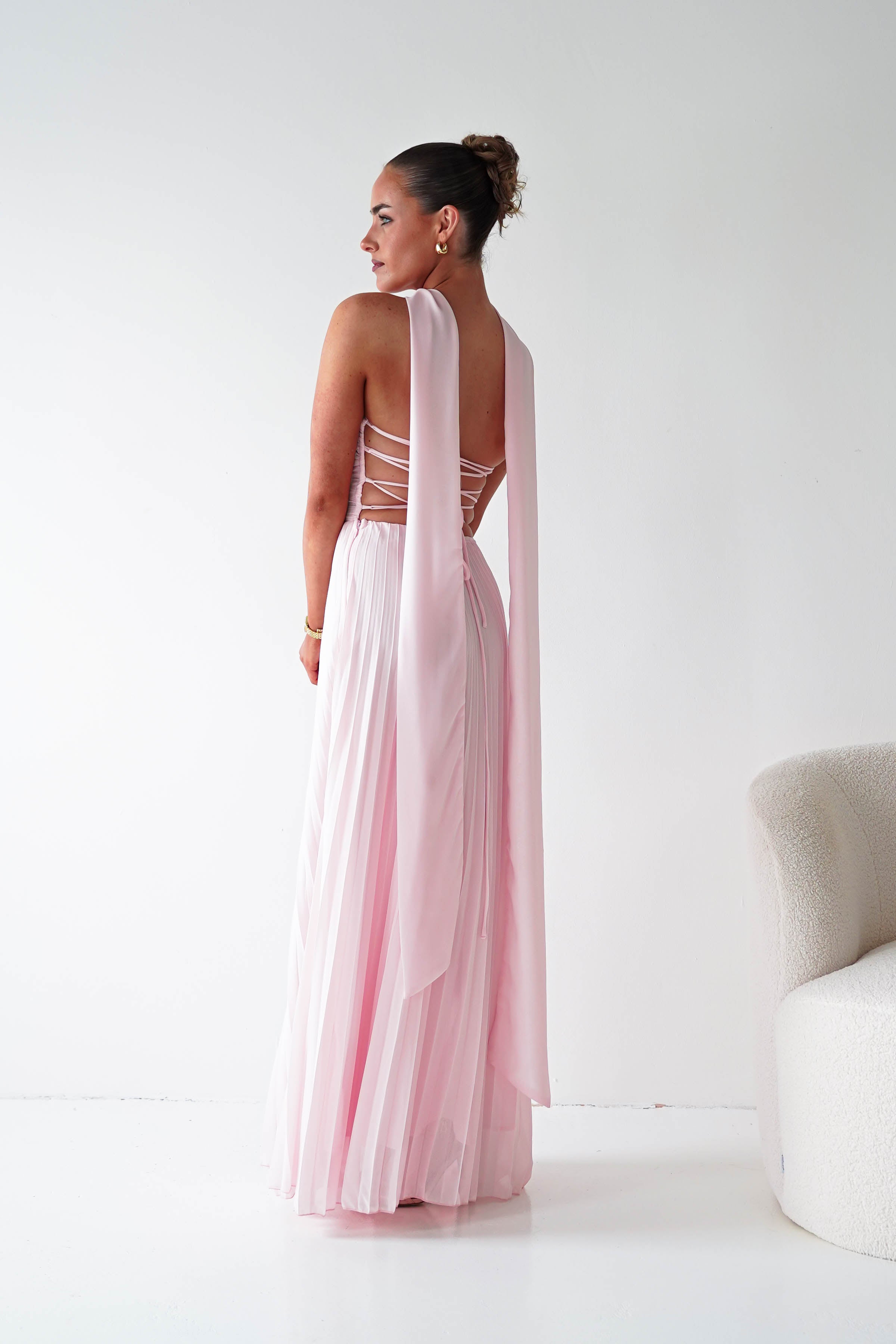 Oh Hello Clothing Women > Clothing > Dresses 1*DONE- SHAREEN COLLECTION-Blush Pink Pleated Strapless Maxi Dress with Scarf-MD08889-2