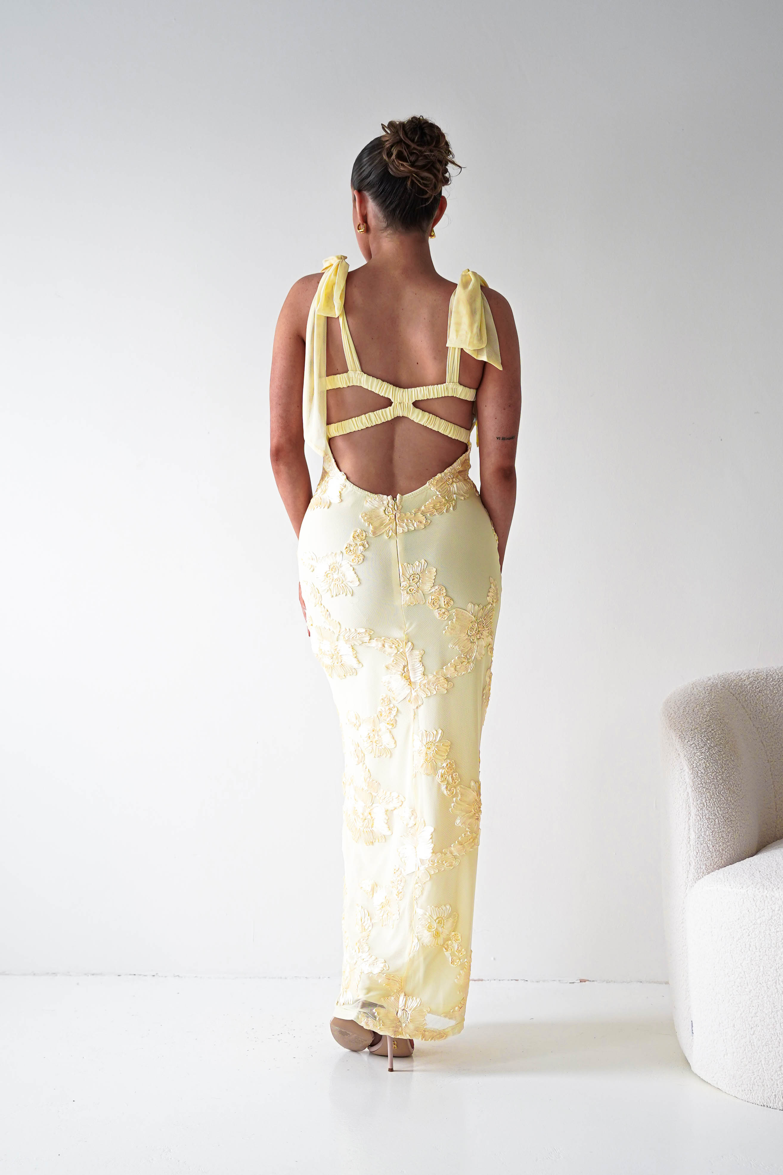 Oh Hello Clothing Women > Clothing > Dresses 1*DONE- SHAREEN COLLECTION-Butter Yellow Floral Appliqué Midi Dress -MD10126