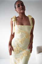Oh Hello Clothing Women > Clothing > Dresses 1*DONE- SHAREEN COLLECTION-Butter Yellow Floral Appliqué Midi Dress -MD10126