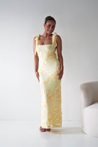 Oh Hello Clothing Women > Clothing > Dresses 1*DONE- SHAREEN COLLECTION-Butter Yellow Floral Appliqué Midi Dress -MD10126