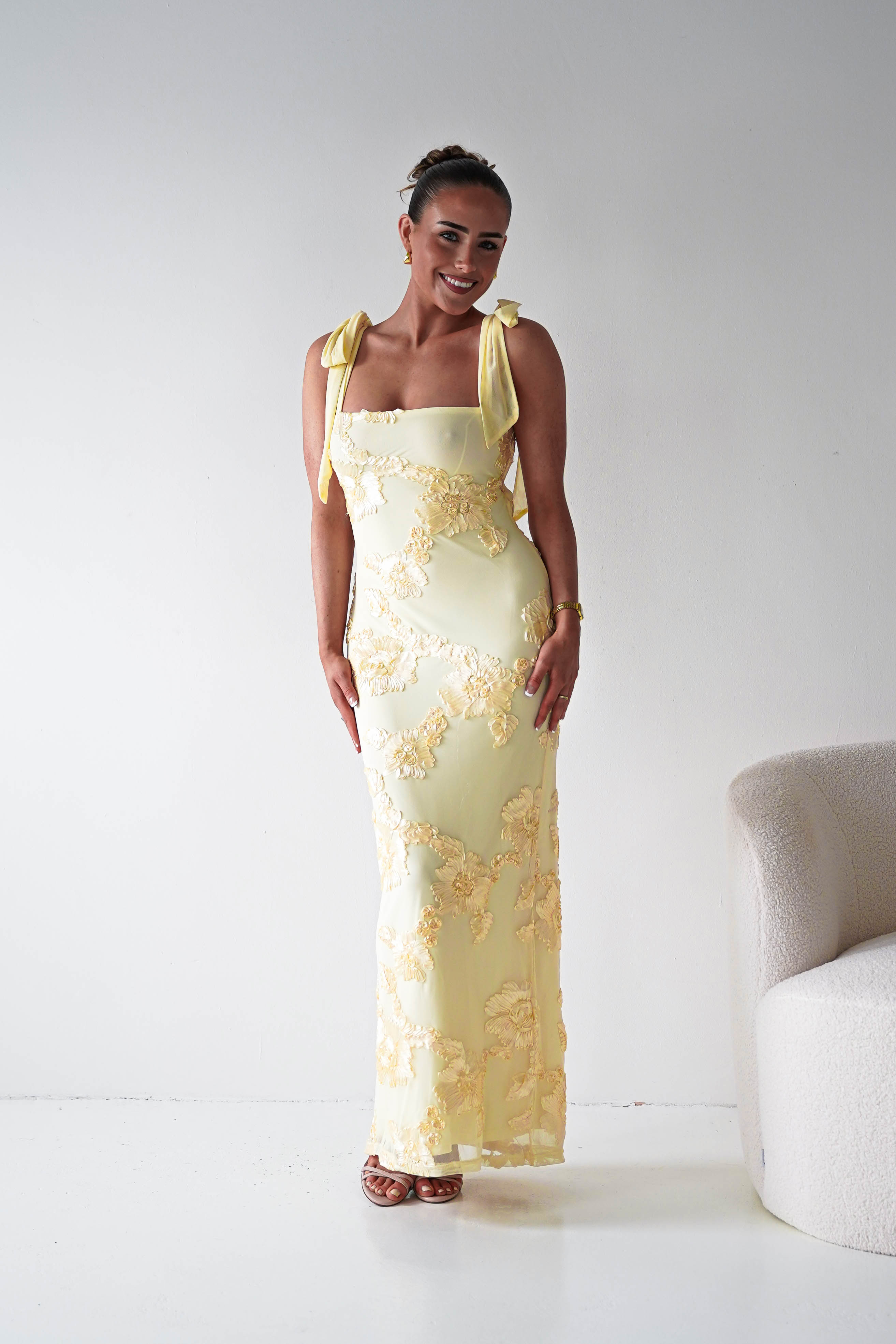 Oh Hello Clothing Women > Clothing > Dresses 1*DONE- SHAREEN COLLECTION-Butter Yellow Floral Appliqué Midi Dress -MD10126