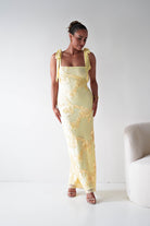 Oh Hello Clothing Women > Clothing > Dresses 1*DONE- SHAREEN COLLECTION-Butter Yellow Floral Appliqué Midi Dress -MD10126