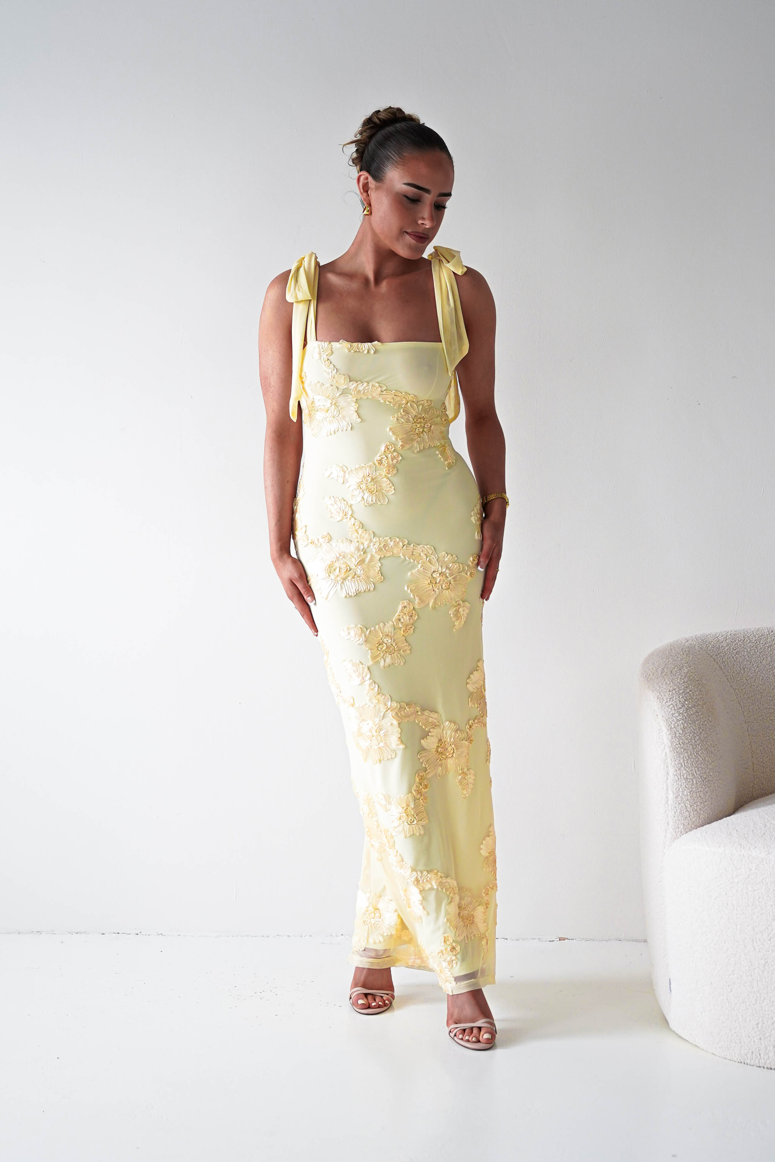 Oh Hello Clothing Women > Clothing > Dresses 1*DONE- SHAREEN COLLECTION-Butter Yellow Floral Appliqué Midi Dress -MD10126