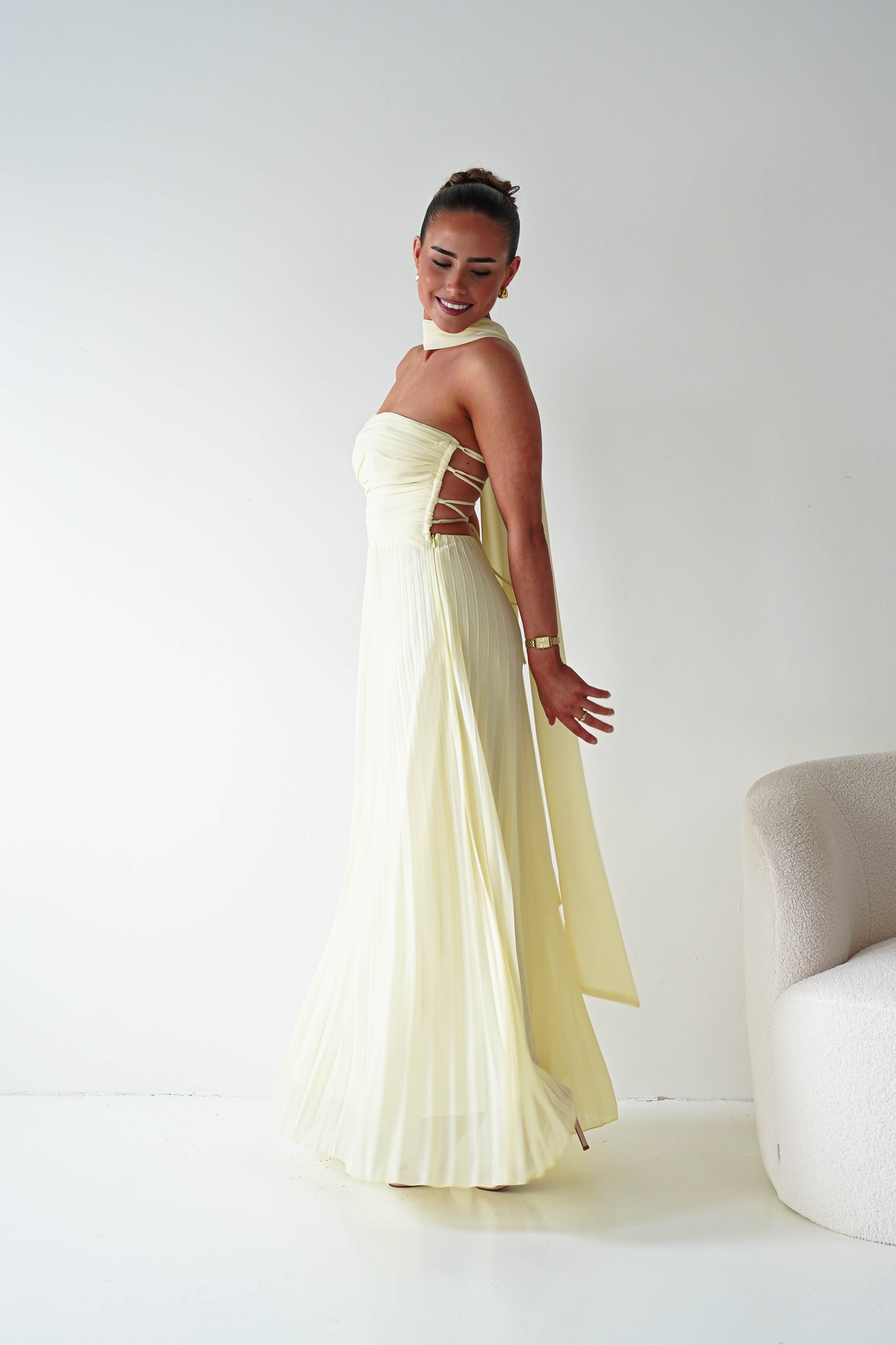 Oh Hello Clothing Women > Clothing > Dresses 1*DONE- SHAREEN COLLECTION-Yellow Pleated Strapless Maxi Dress with Scarf-MD08889-2 (Copy)