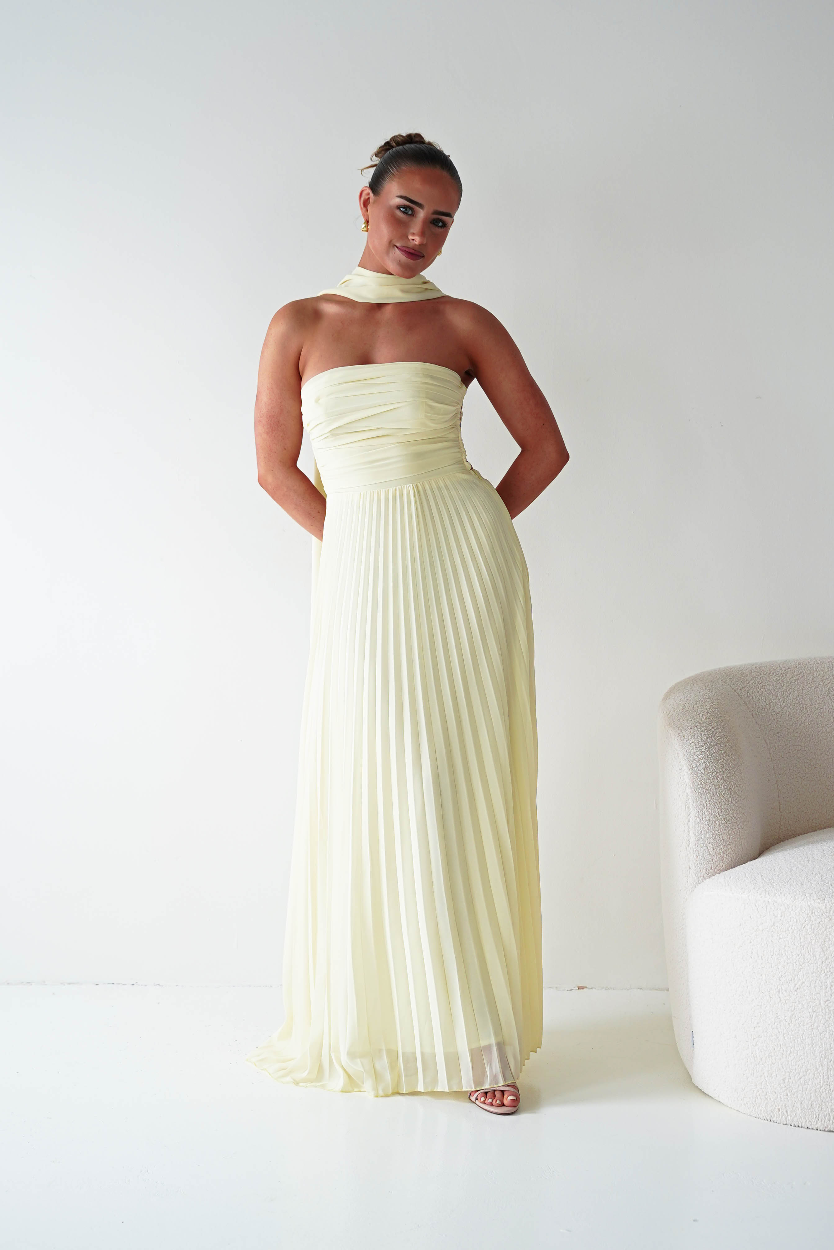 Oh Hello Clothing Women > Clothing > Dresses 1*DONE- SHAREEN COLLECTION-Yellow Pleated Strapless Maxi Dress with Scarf-MD08889-2 (Copy)