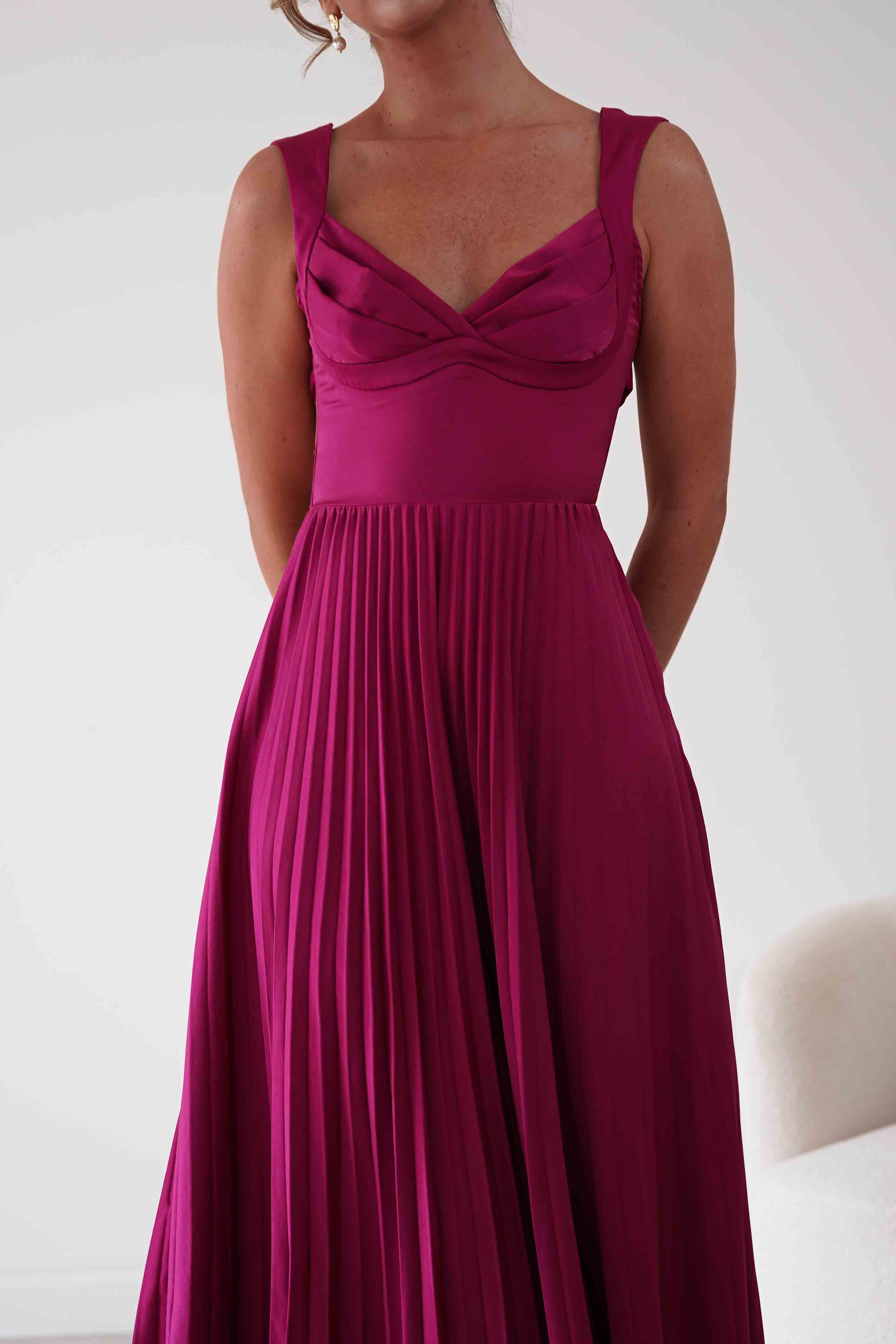 Oh Hello Clothing Women > Clothing > Dresses 1*DONE- SHAREEN-MD10021-Pleated Satin Maxi Dress/ berry red(Copy) (Copy)
