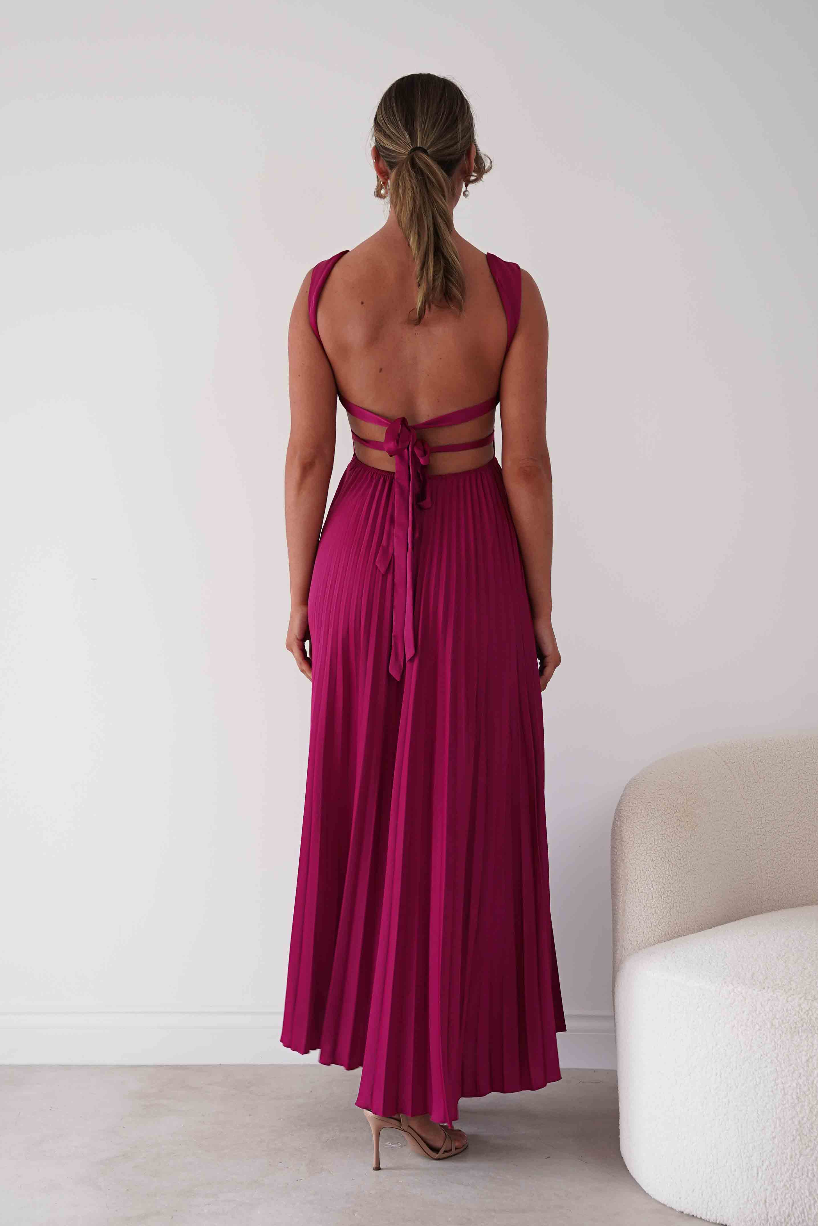 Oh Hello Clothing Women > Clothing > Dresses 1*DONE- SHAREEN-MD10021-Pleated Satin Maxi Dress/ berry red(Copy) (Copy)