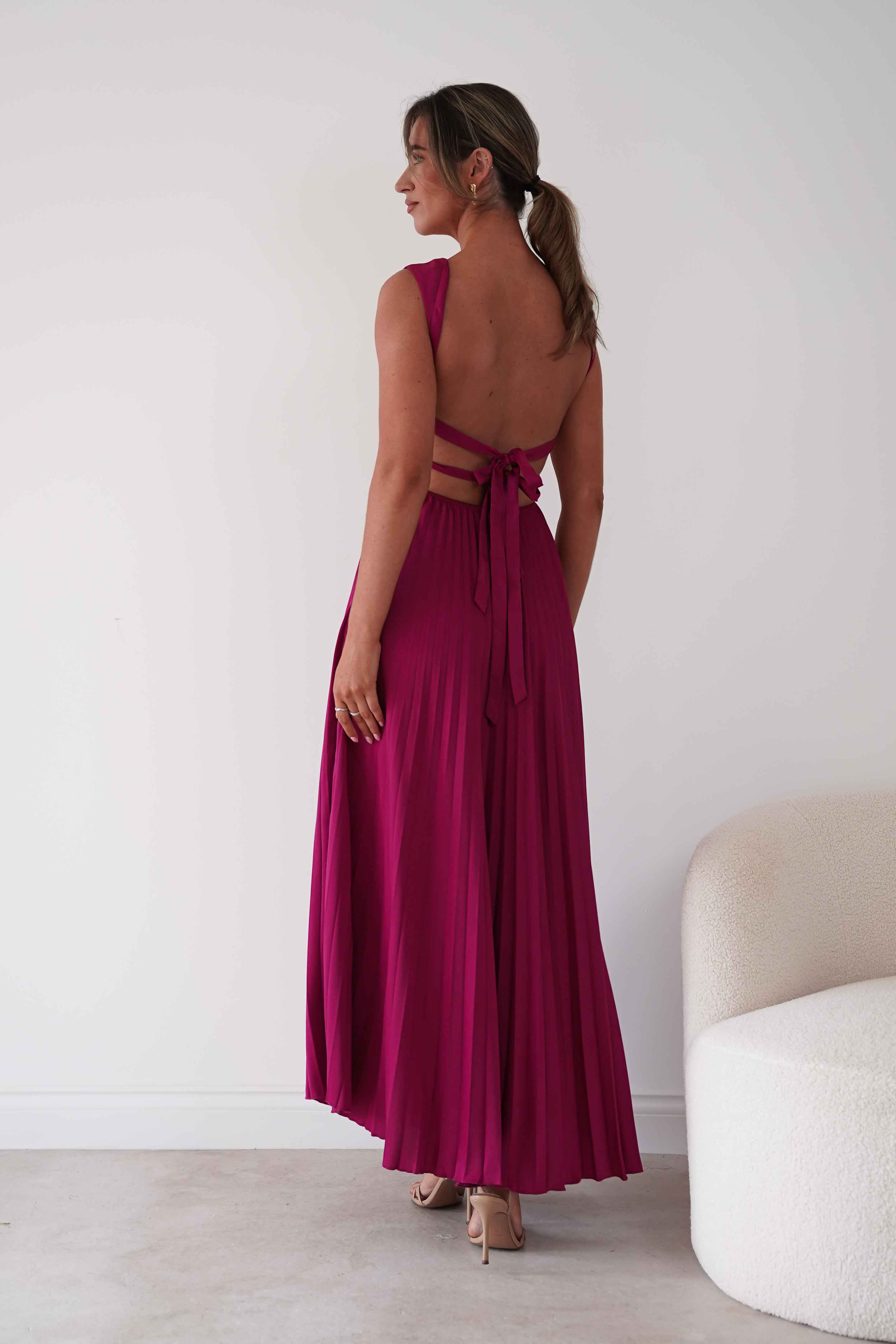 Oh Hello Clothing Women > Clothing > Dresses 1*DONE- SHAREEN-MD10021-Pleated Satin Maxi Dress/ berry red(Copy) (Copy)