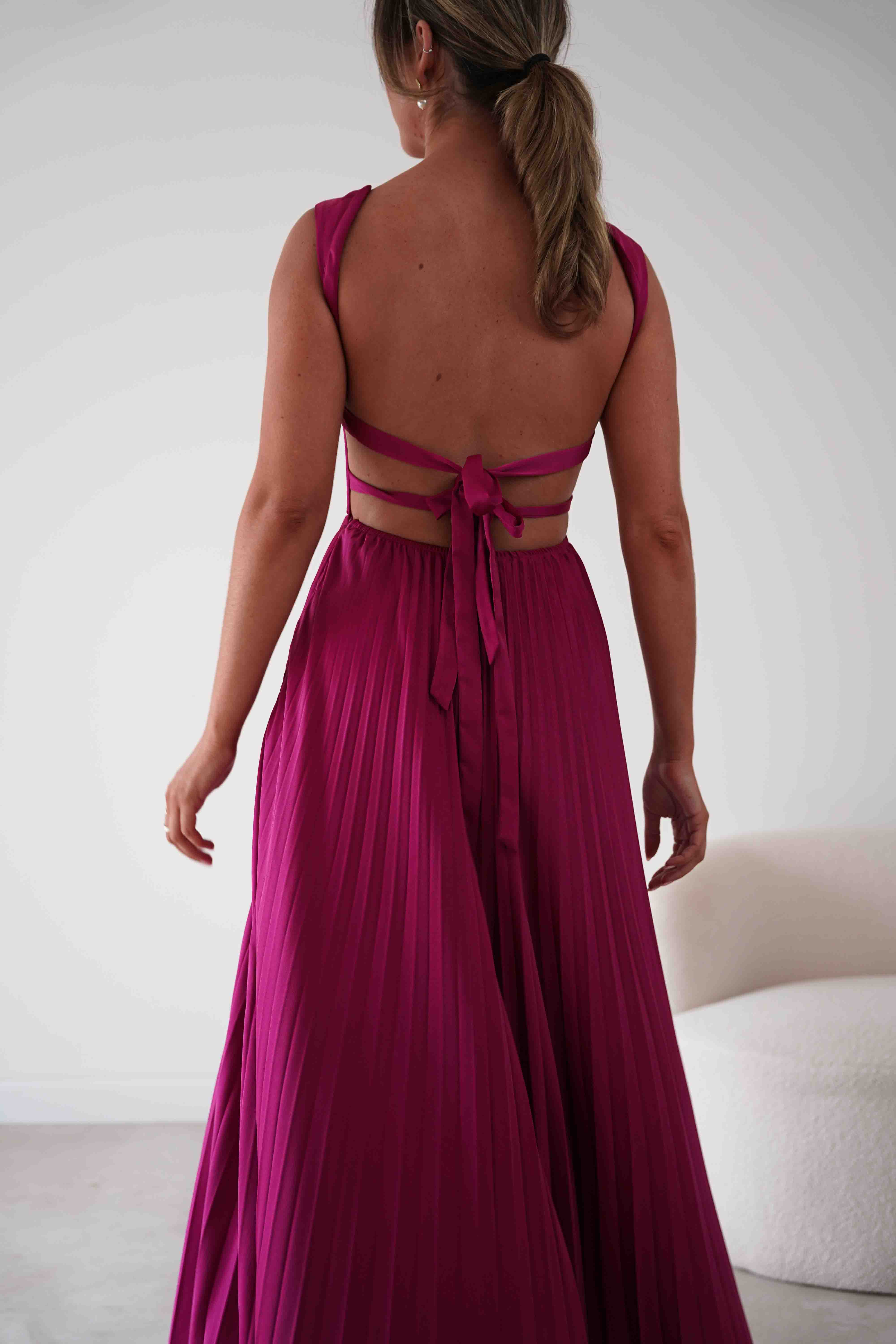 Oh Hello Clothing Women > Clothing > Dresses 1*DONE- SHAREEN-MD10021-Pleated Satin Maxi Dress/ berry red(Copy) (Copy)