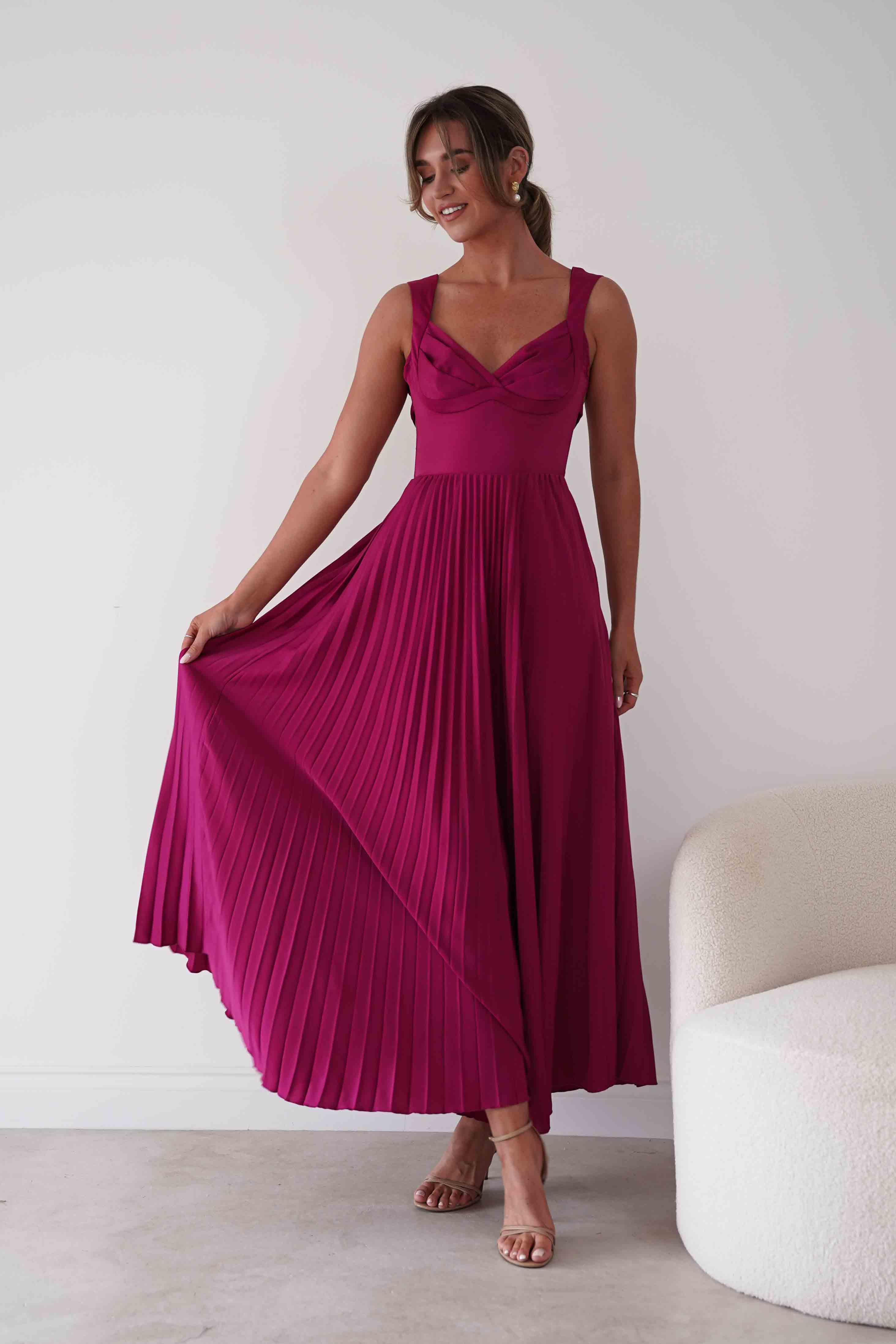 Oh Hello Clothing Women > Clothing > Dresses 1*DONE- SHAREEN-MD10021-Pleated Satin Maxi Dress/ berry red(Copy) (Copy)