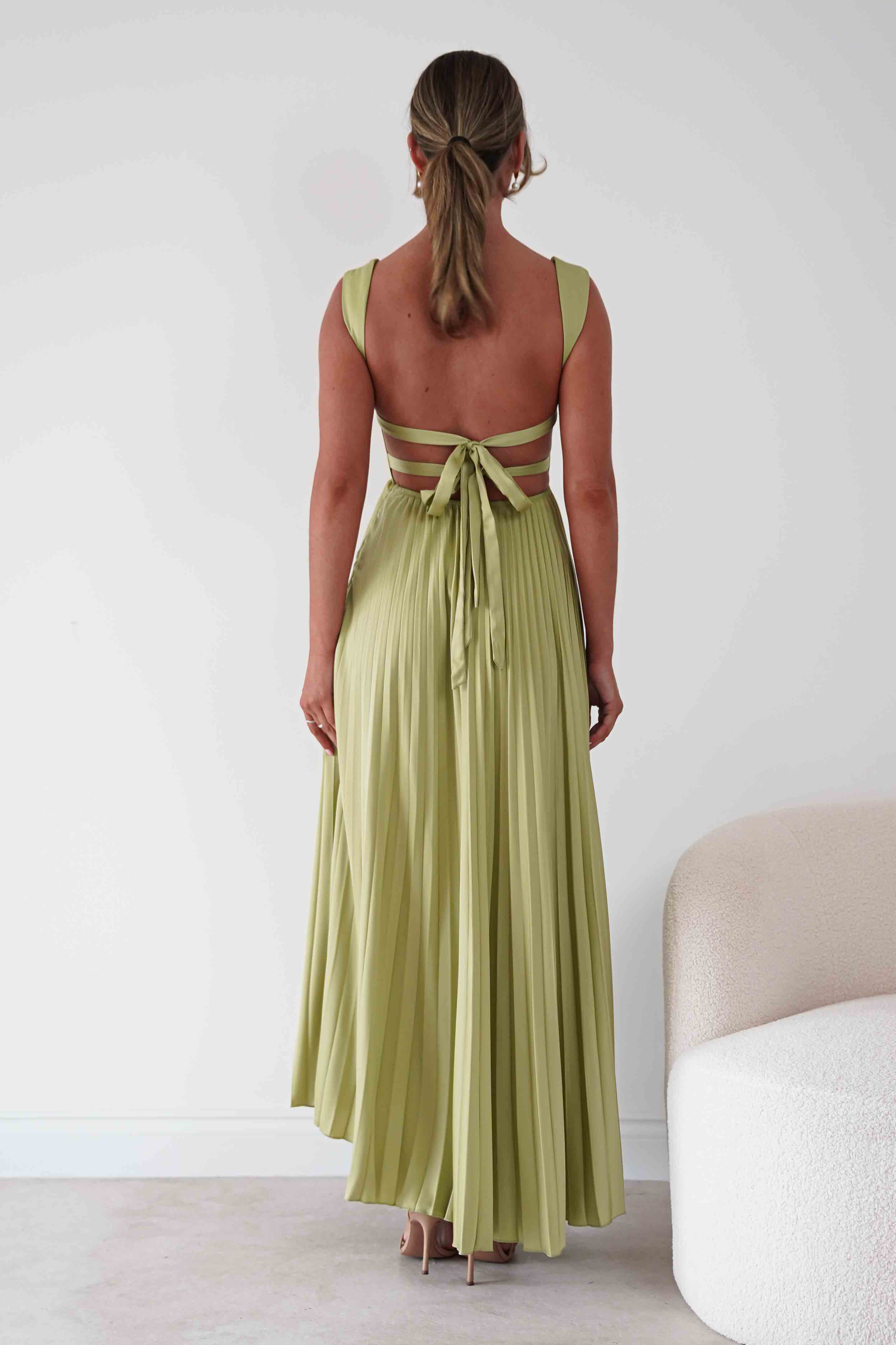 Oh Hello Clothing Women > Clothing > Dresses 1*DONE- SHAREEN-MD10021-Pleated Satin Maxi Dress/ LIME