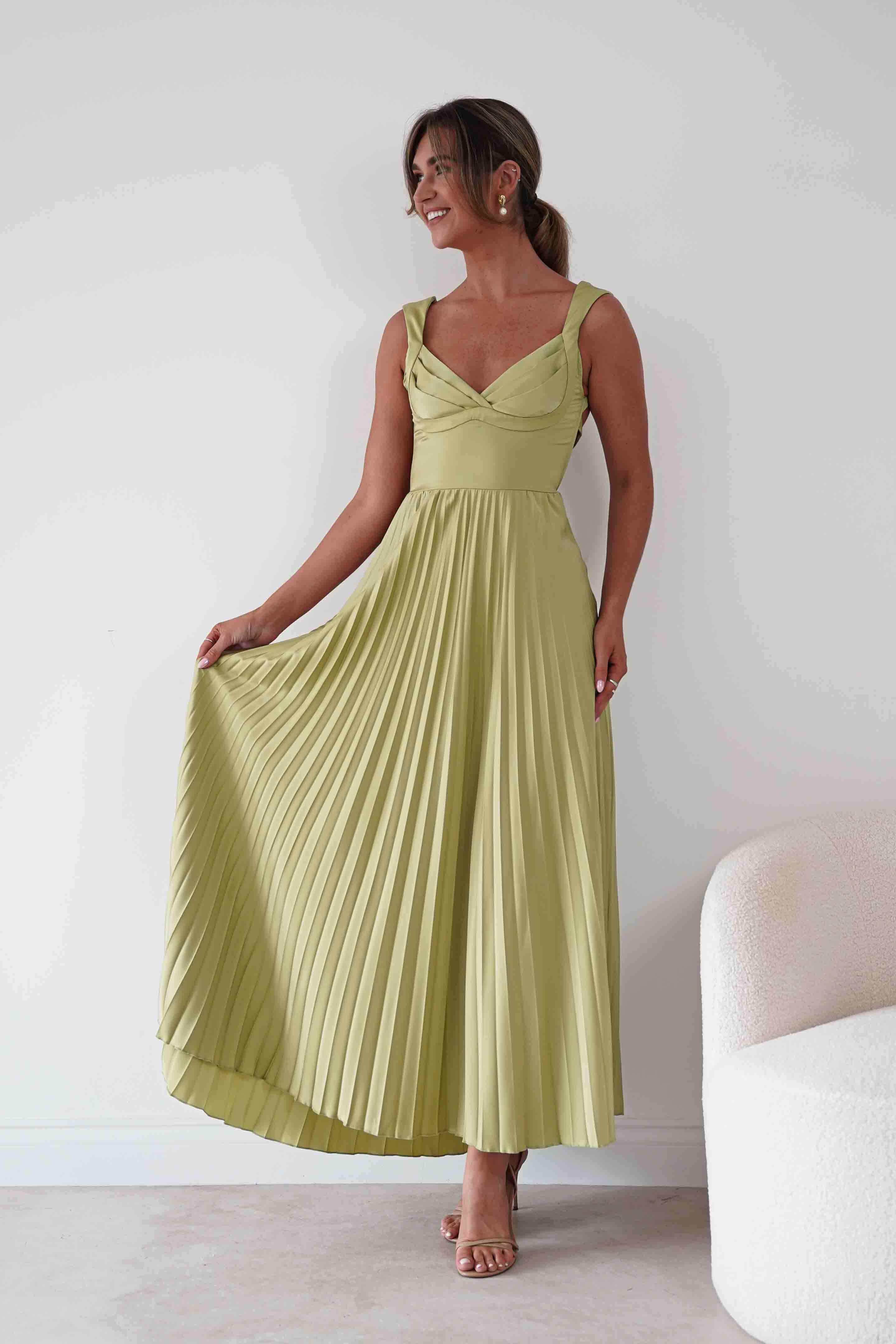 Oh Hello Clothing Women > Clothing > Dresses 1*DONE- SHAREEN-MD10021-Pleated Satin Maxi Dress/ LIME