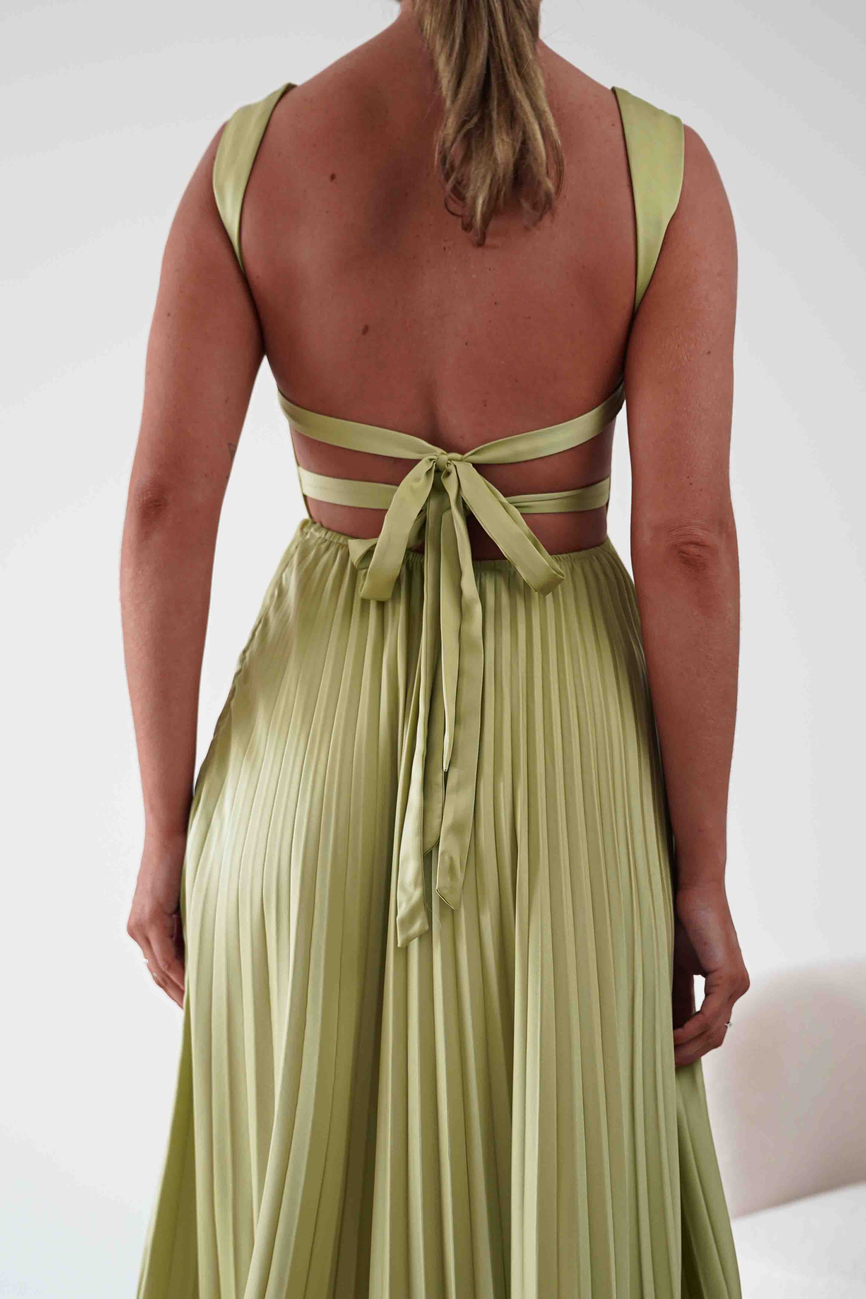 Oh Hello Clothing Women > Clothing > Dresses 1*DONE- SHAREEN-MD10021-Pleated Satin Maxi Dress/ LIME